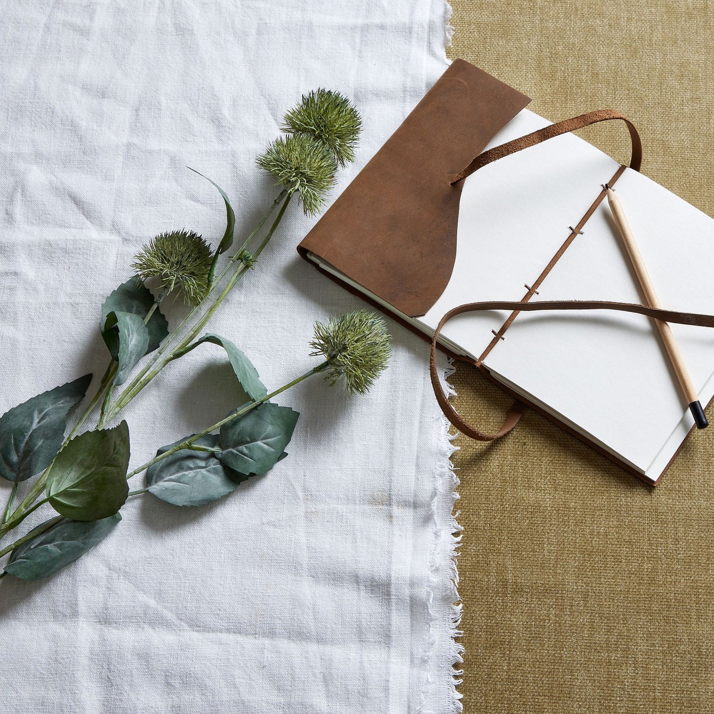 Green thistle globe stem with textured spherical head and natural leaves, placed beside a brown leather-bound notebook on a white tablecloth.