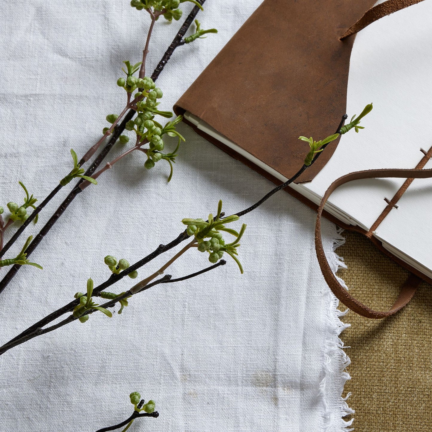 Realistic green berry willow stem features delicate branches and berries, styled alongside a leather-bound notebook on a textured surface.