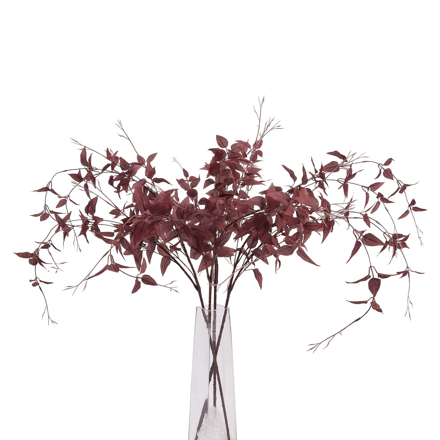Burgundy artificial leaves in a clear vase, showcasing rich jewel tones and delicate, wispy tendrils for elegant decor.