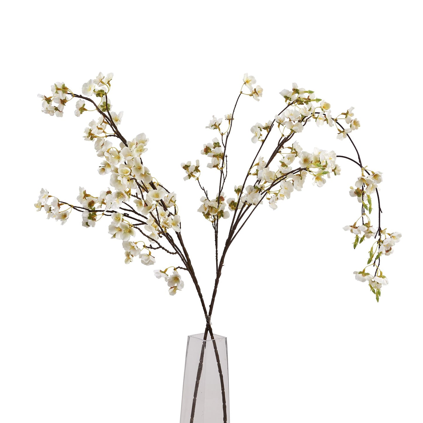 Delicate white artificial Japanese blossoms on slender branches in a clear vase, creating an elegant spring ambiance.