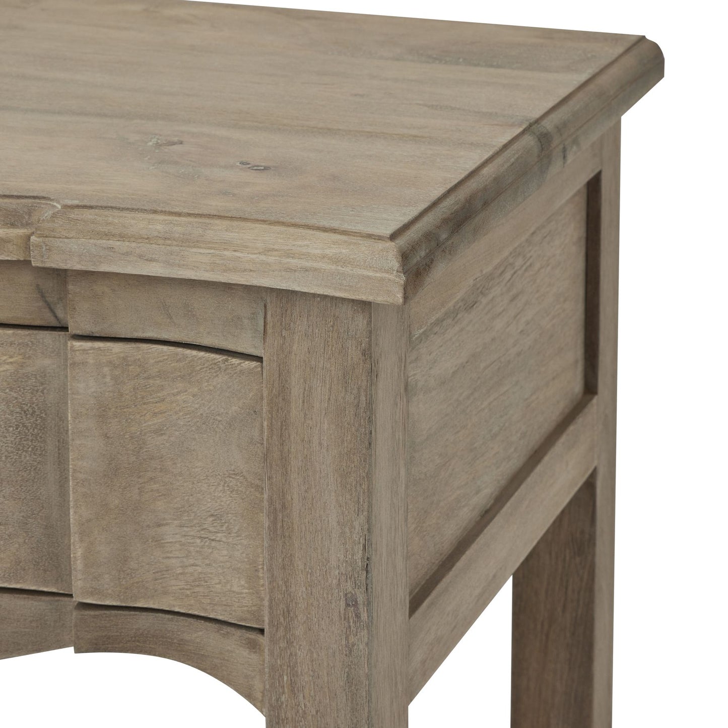 Refined side table in a washed, bleached wood finish with curved edges, featuring a full-width drawer and sleek black iron handle.