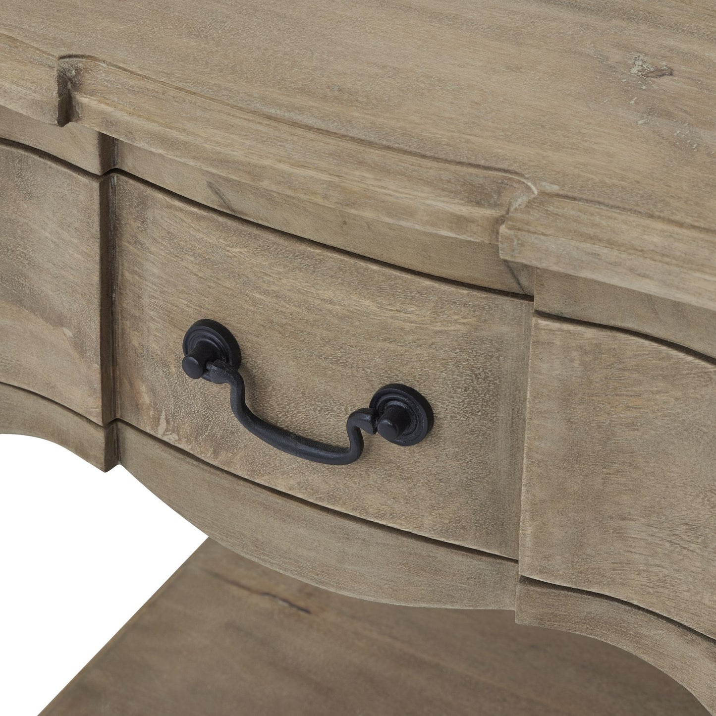 Rustic side table featuring a washed, bleached hardwood finish, elegant French provincial curves, and black iron handles.