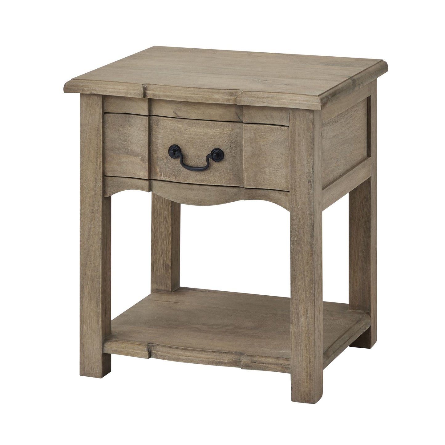 Rustic side table with a washed, bleached hardwood finish, featuring a full-width drawer and shelf, accented by black iron handles.