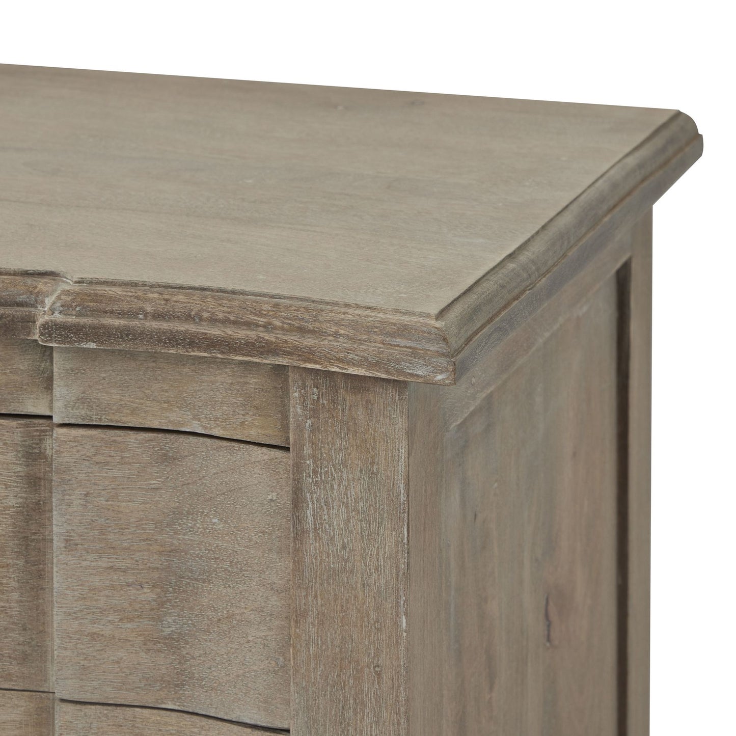Elevate your space with the Copgrove Collection 3 Drawer Bedside Table in washed, bleached hardwood, featuring elegant lines and black ironwork handles.