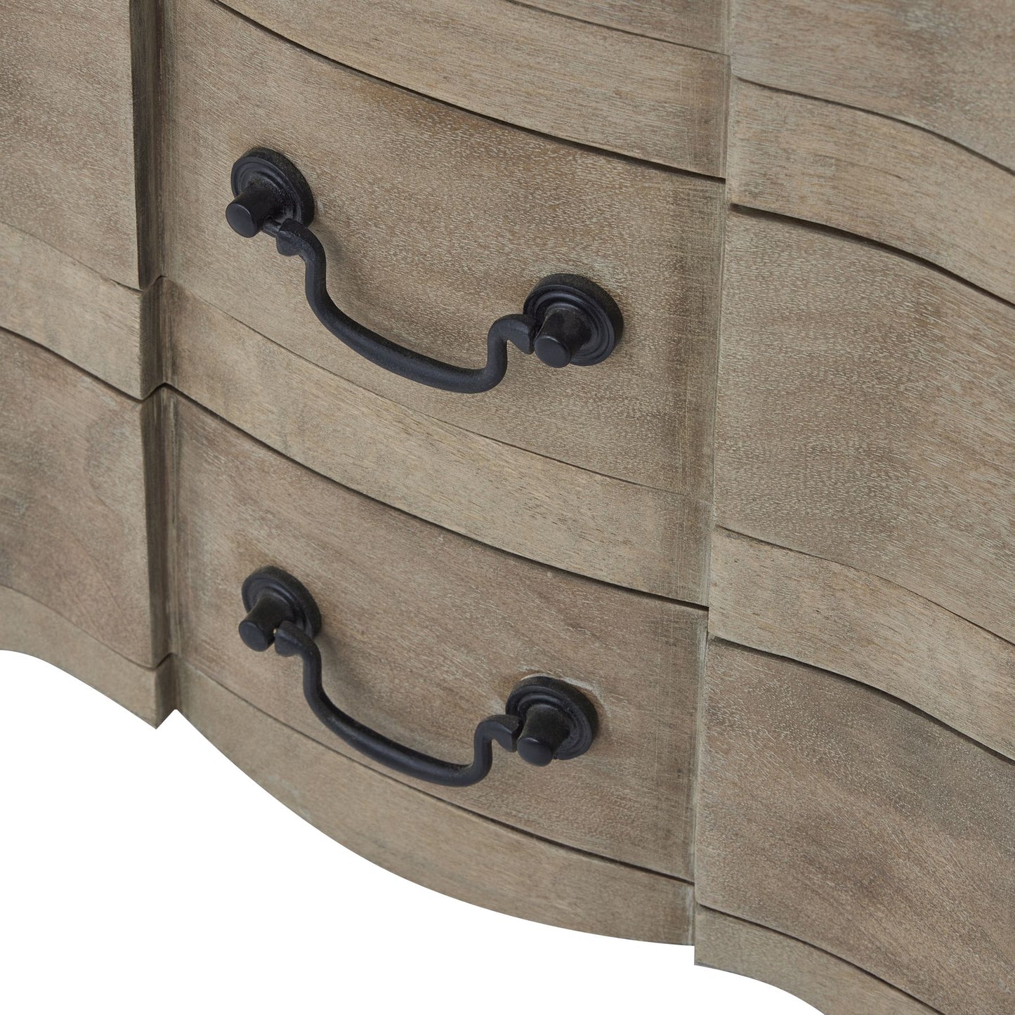 Elegant wooden bedside table with three drawers, featuring black iron handles and a washed, bleached finish.