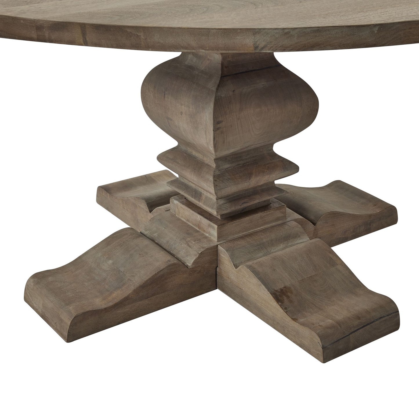 Round pedestal dining table features a washed, bleached finish with elegant black ironwork handles and a sturdy, handcrafted base.