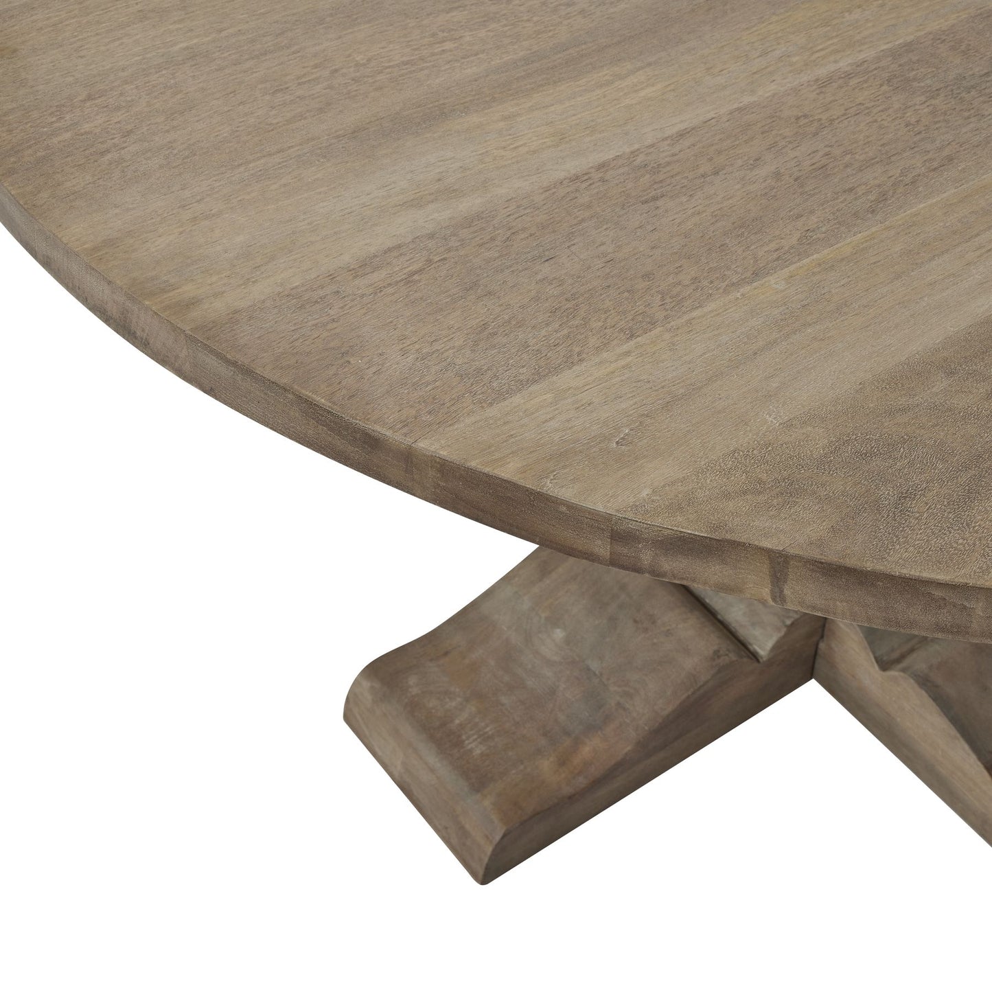 Round pedestal dining table made from washed, bleached hardwood with a classic design and sturdy black ironwork handles.