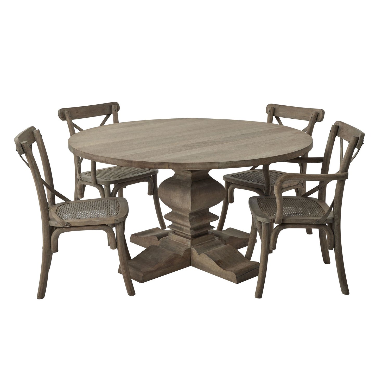 Round wooden dining table with a washed, bleached finish and black ironwork accents, surrounded by four matching chairs.