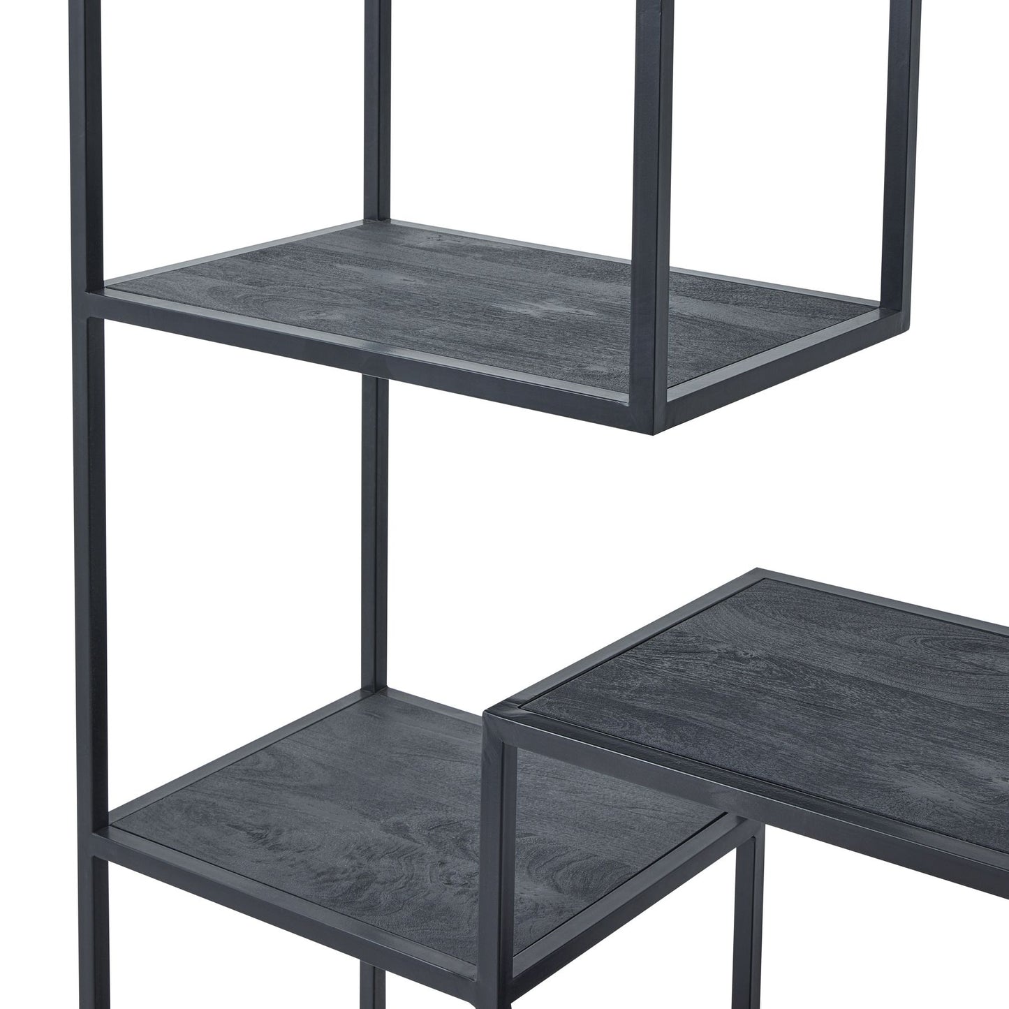 Large black multi shelf unit featuring seven asymmetrical staggered shelves and sleek metal lattice design for modern elegance.