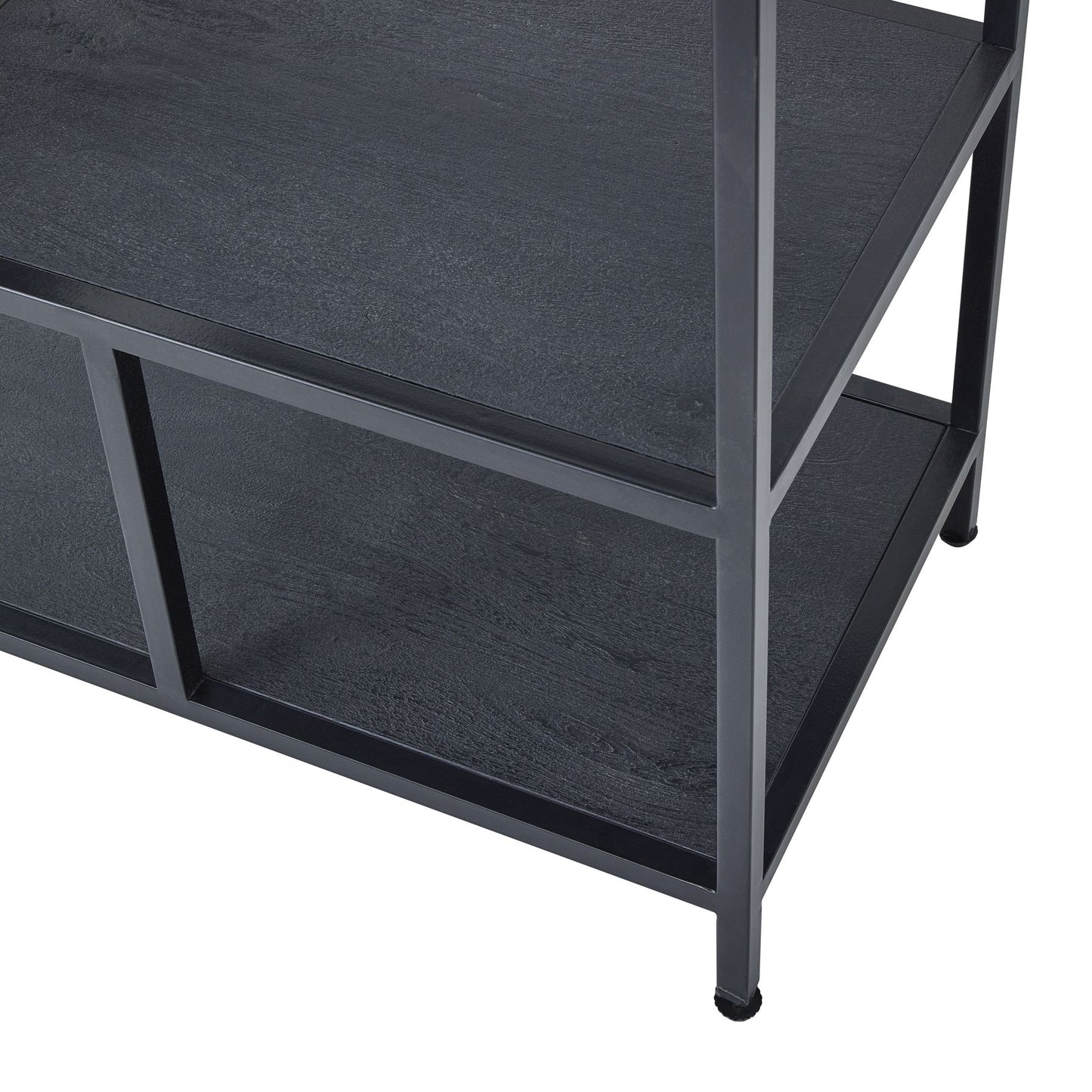 Large black shelf unit with seven staggered shelves, featuring sleek metalwork and an asymmetrical design for modern elegance.