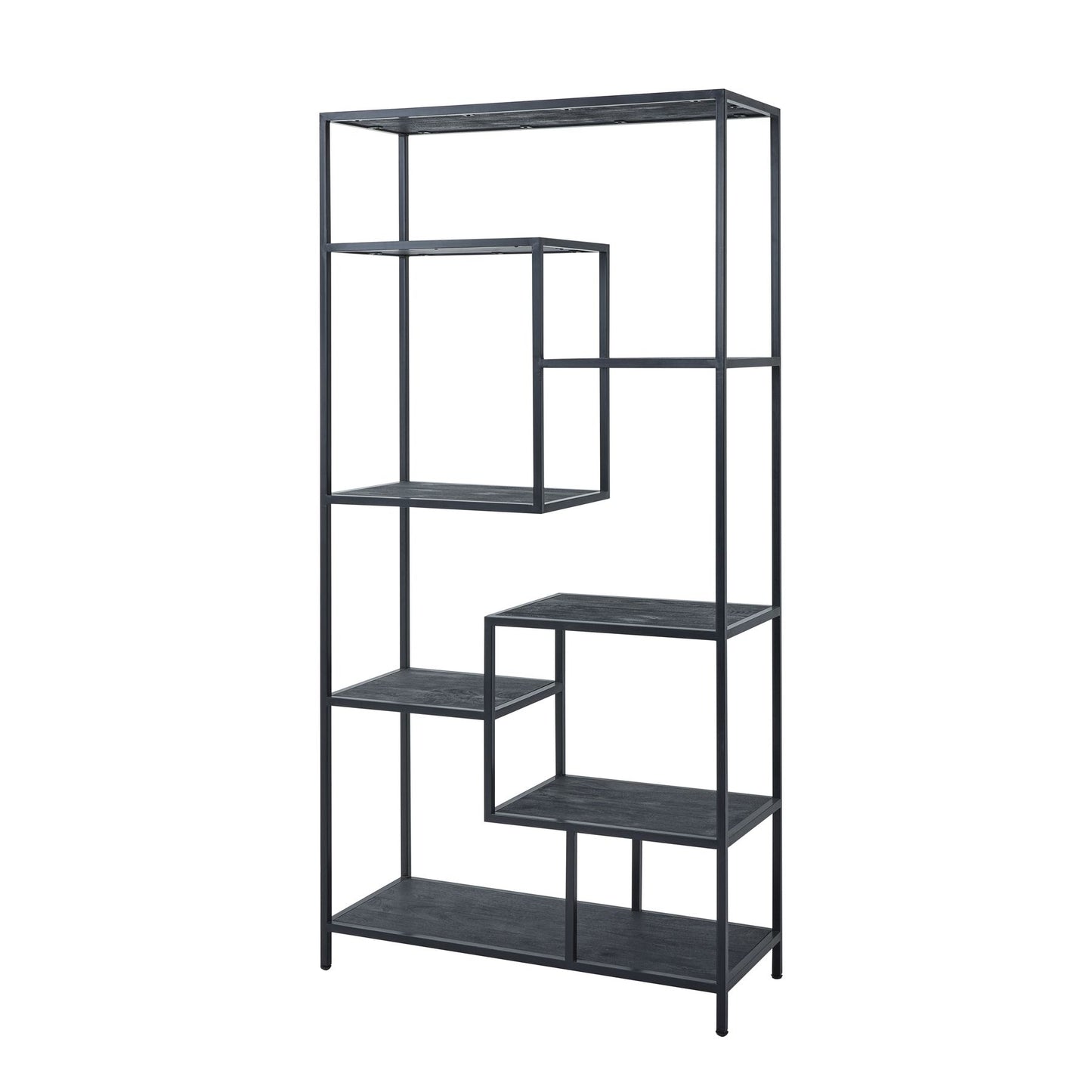 Large black shelf unit with seven staggered shelves and sleek lattice metalwork, offering a modern, industrial aesthetic.
