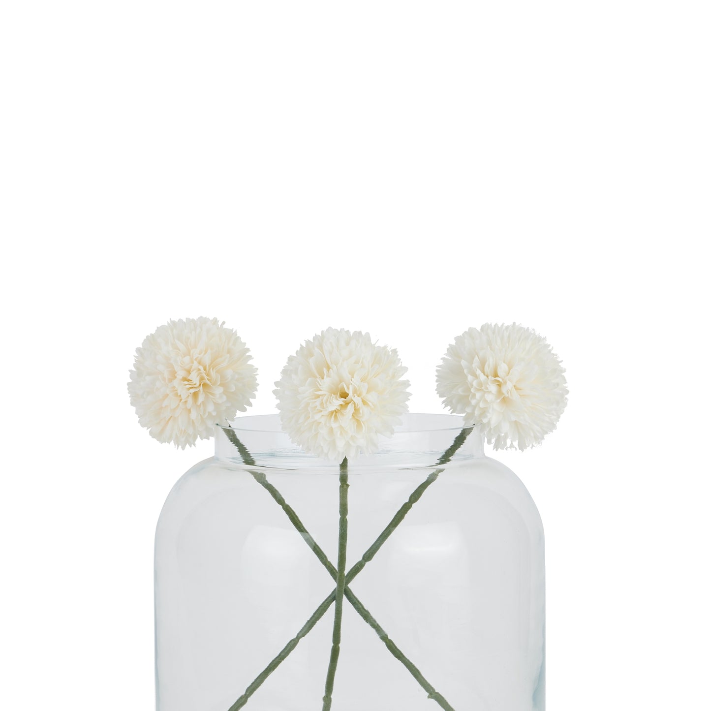 Lifelike white short chrysanthemums in a glass vase, showcasing fluffy petals and green stems, perfect for elegant decor.
