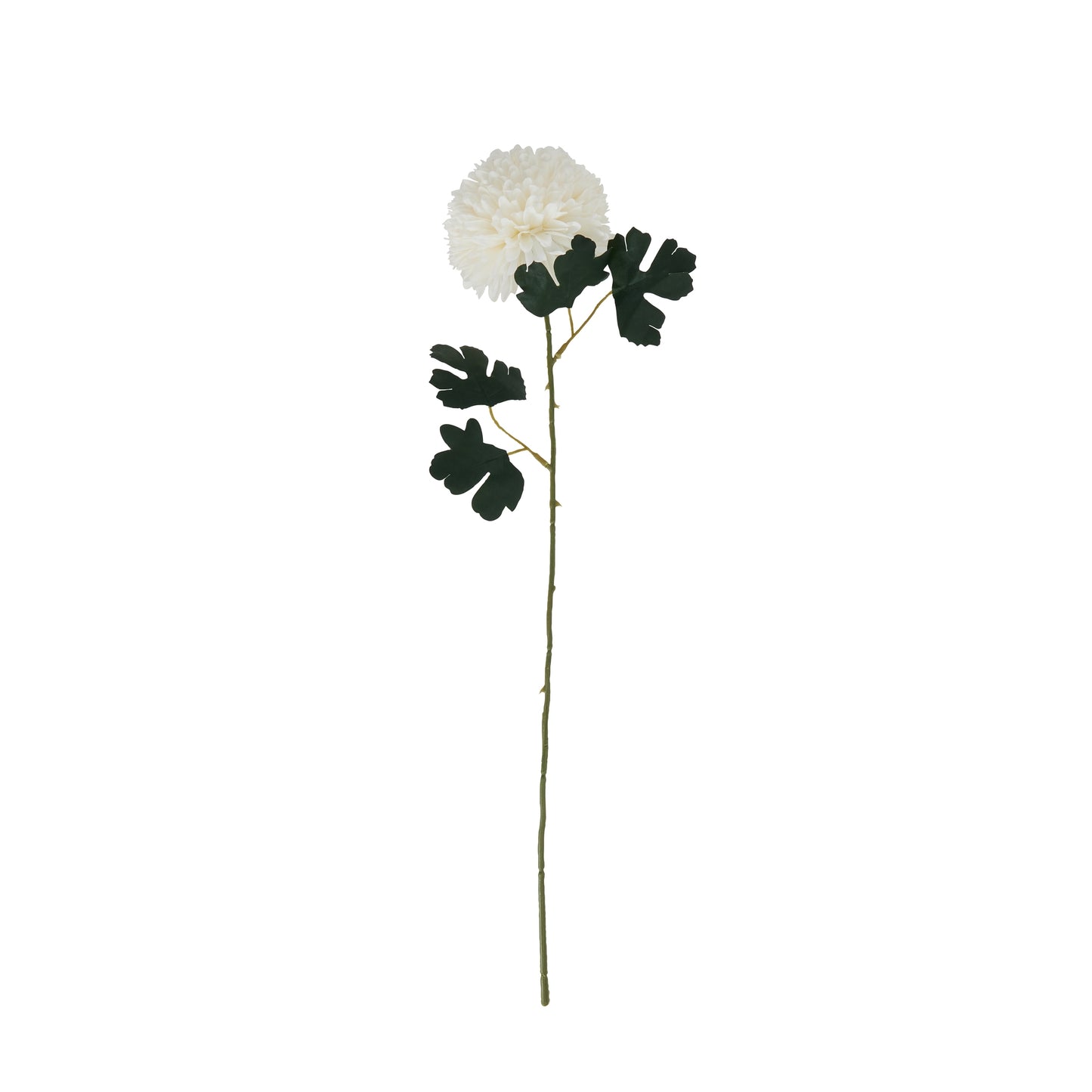 Lifelike white chrysanthemum stem with detailed layered petals and green leaves, perfect for elegant arrangements and decor.