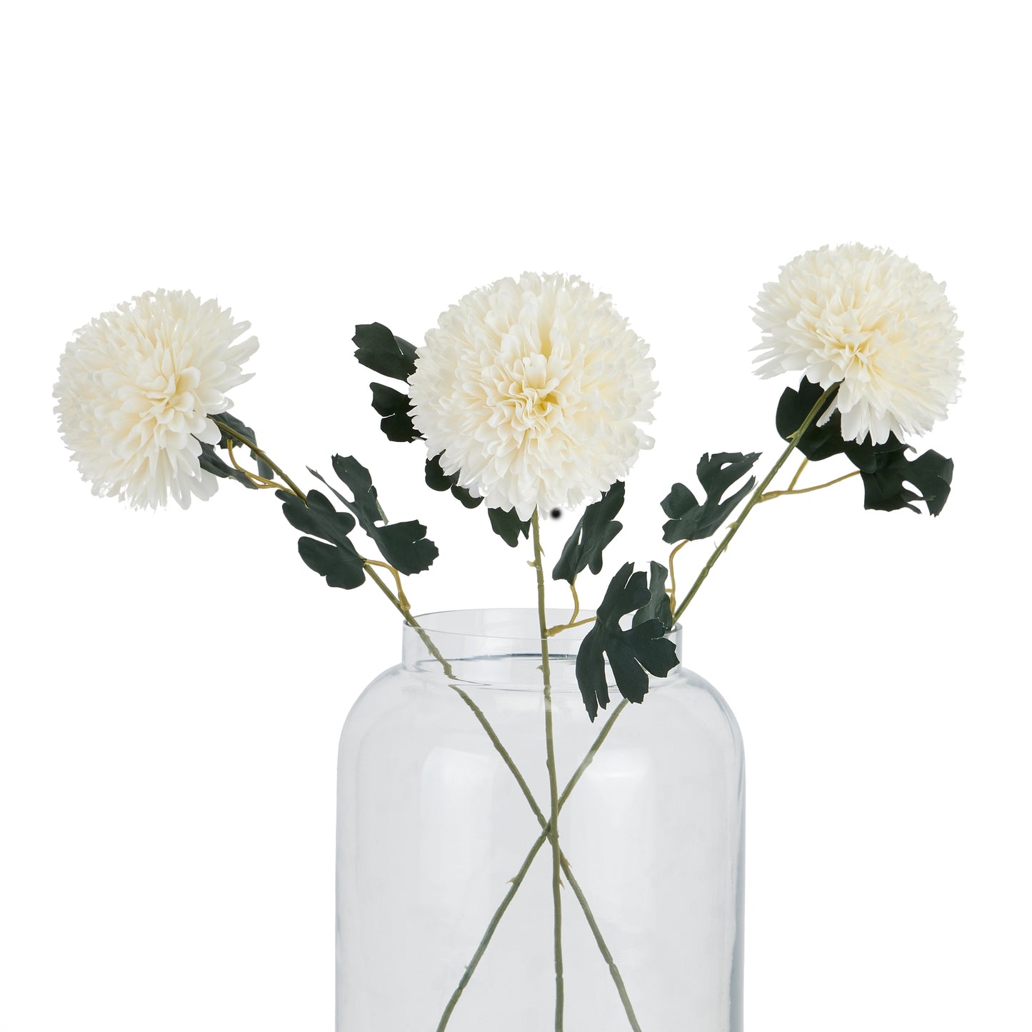 Lifelike white chrysanthemum stems with delicate petals and green leaves in a clear vase, adding elegance to any decor.