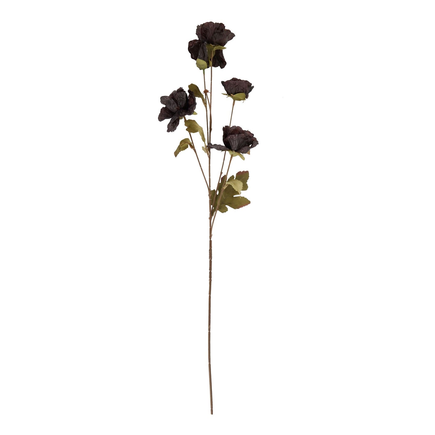Tall black poppy stem with realistic petals and deep ebony finish, complemented by green leaves for a striking centerpiece.