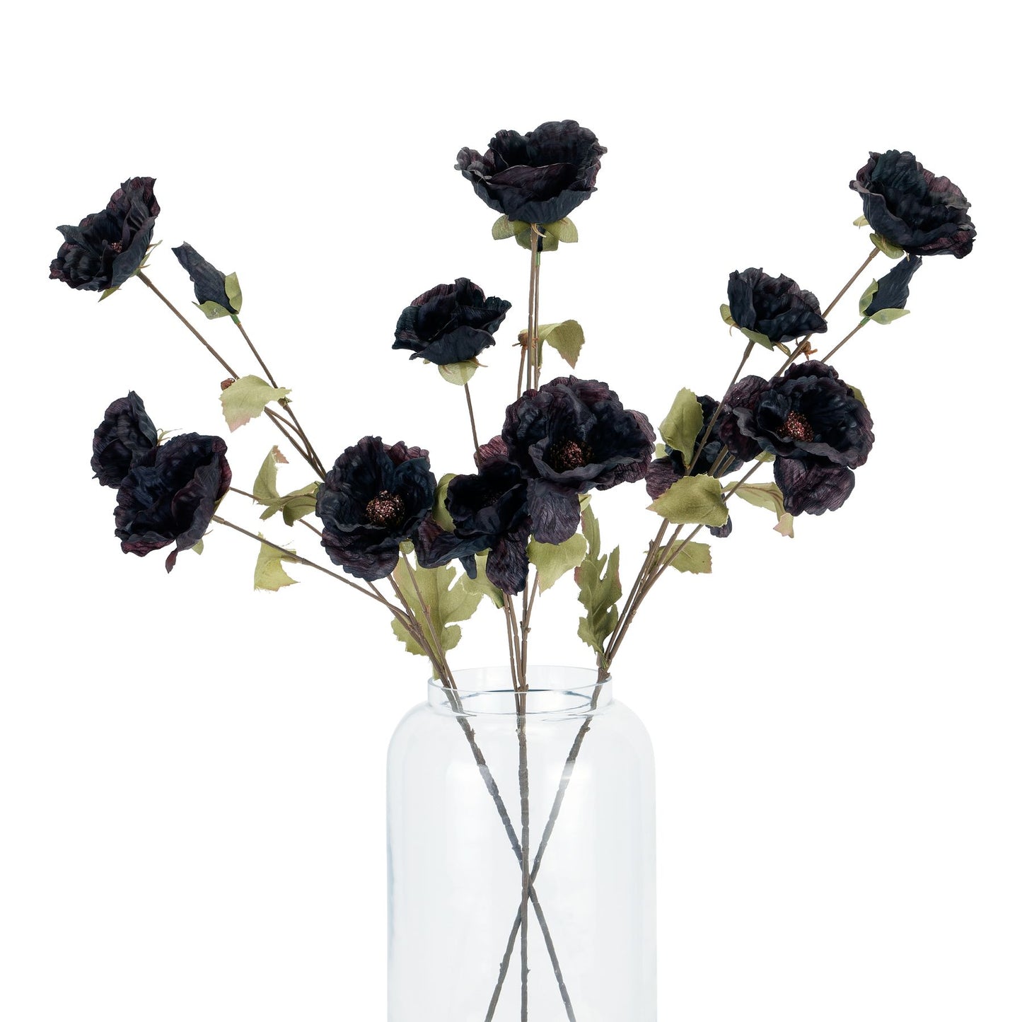 Tall black poppy stem in a clear vase, featuring realistic dark petals and green leaves, adding dramatic elegance to decor.