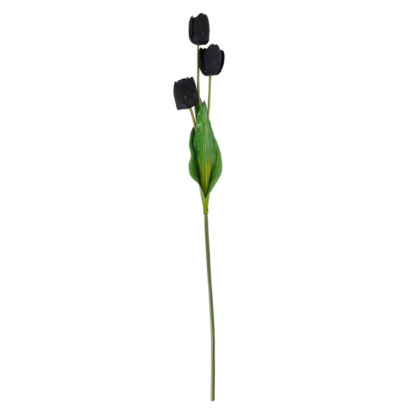 Tall black artificial tulip stem with three sleek blooms and green leaves, adding a modern touch to any decor.
