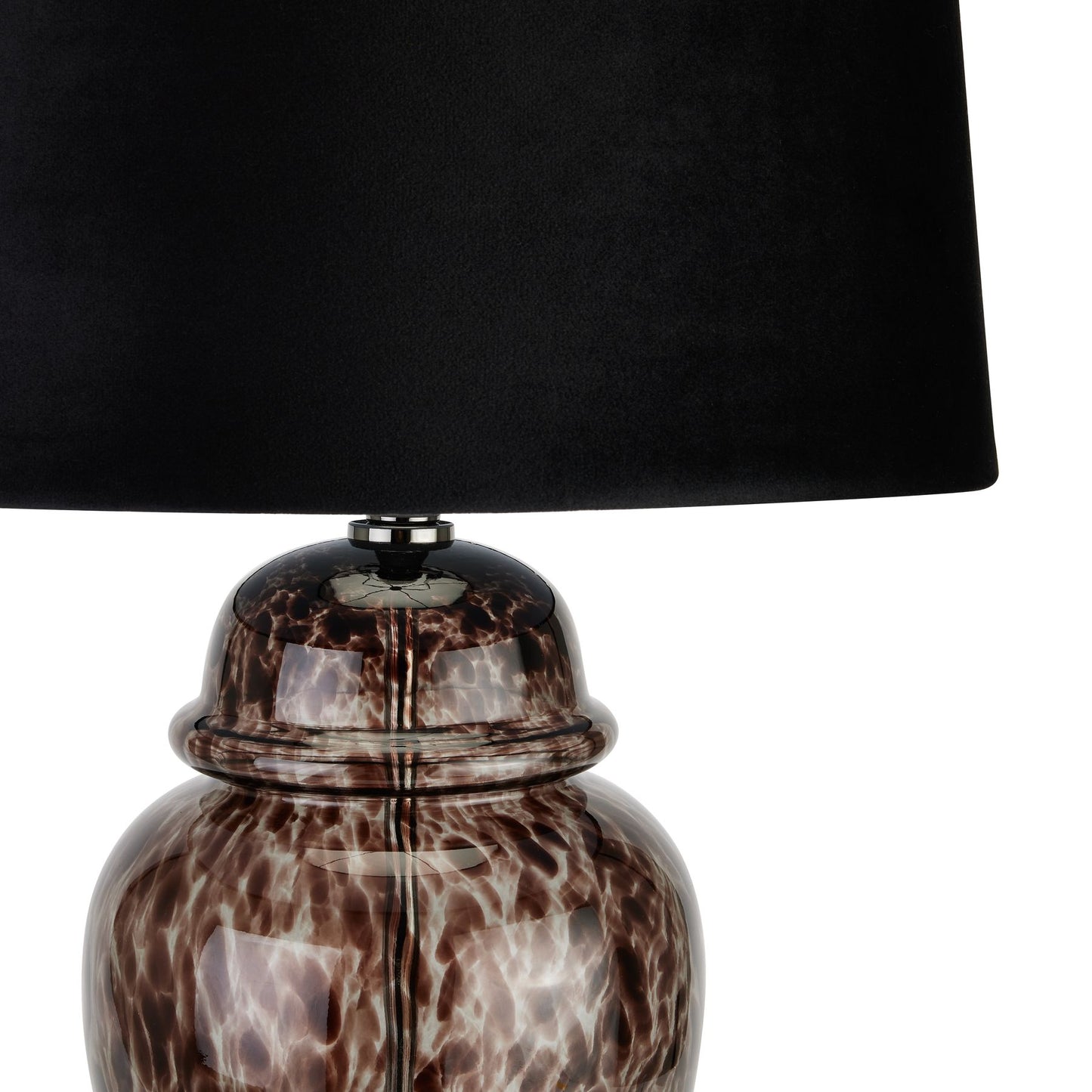 Black Dapple Acanthus Lamp features a dual-color glass base with a dappled effect, topped with an elegant black velvet shade.