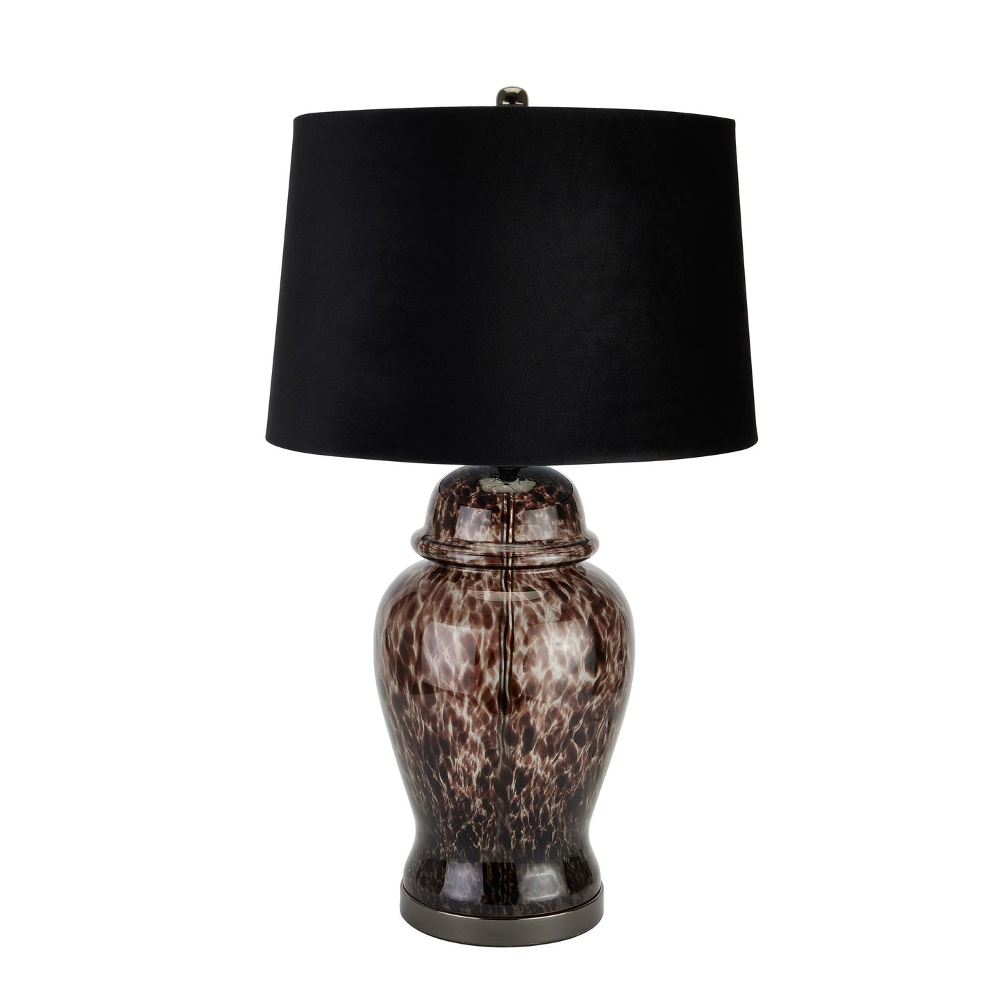 Black dappled glass table lamp with a plush black velvet shade, featuring an elegant, unique silhouette for sophisticated decor.