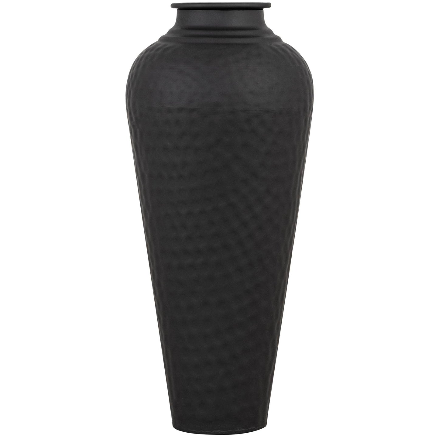 Matt black hammered vase with a removable lid, featuring a textured surface that creates light and shadow effects. Ideal for decor.