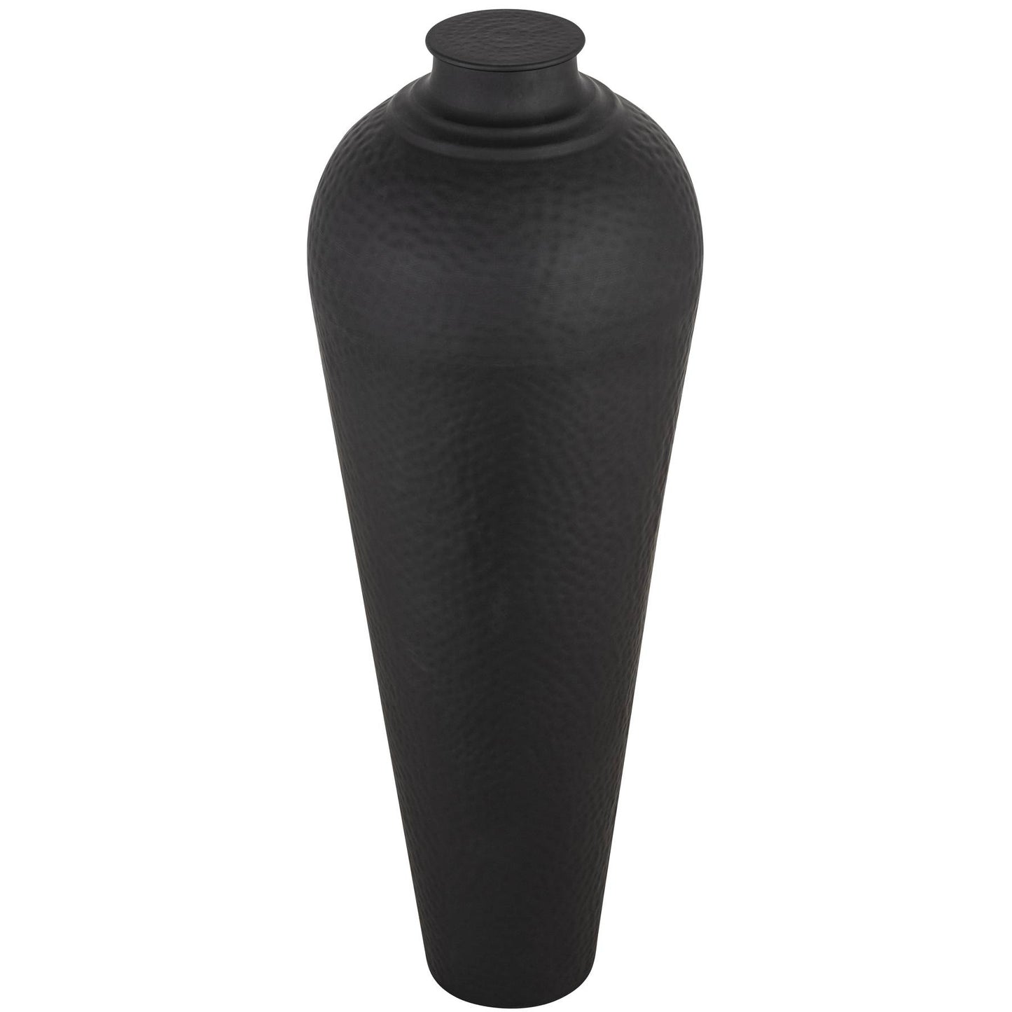 Large hammered vase in elegant matte black, featuring a lid and intricate texture, perfect for floral displays or as decor.