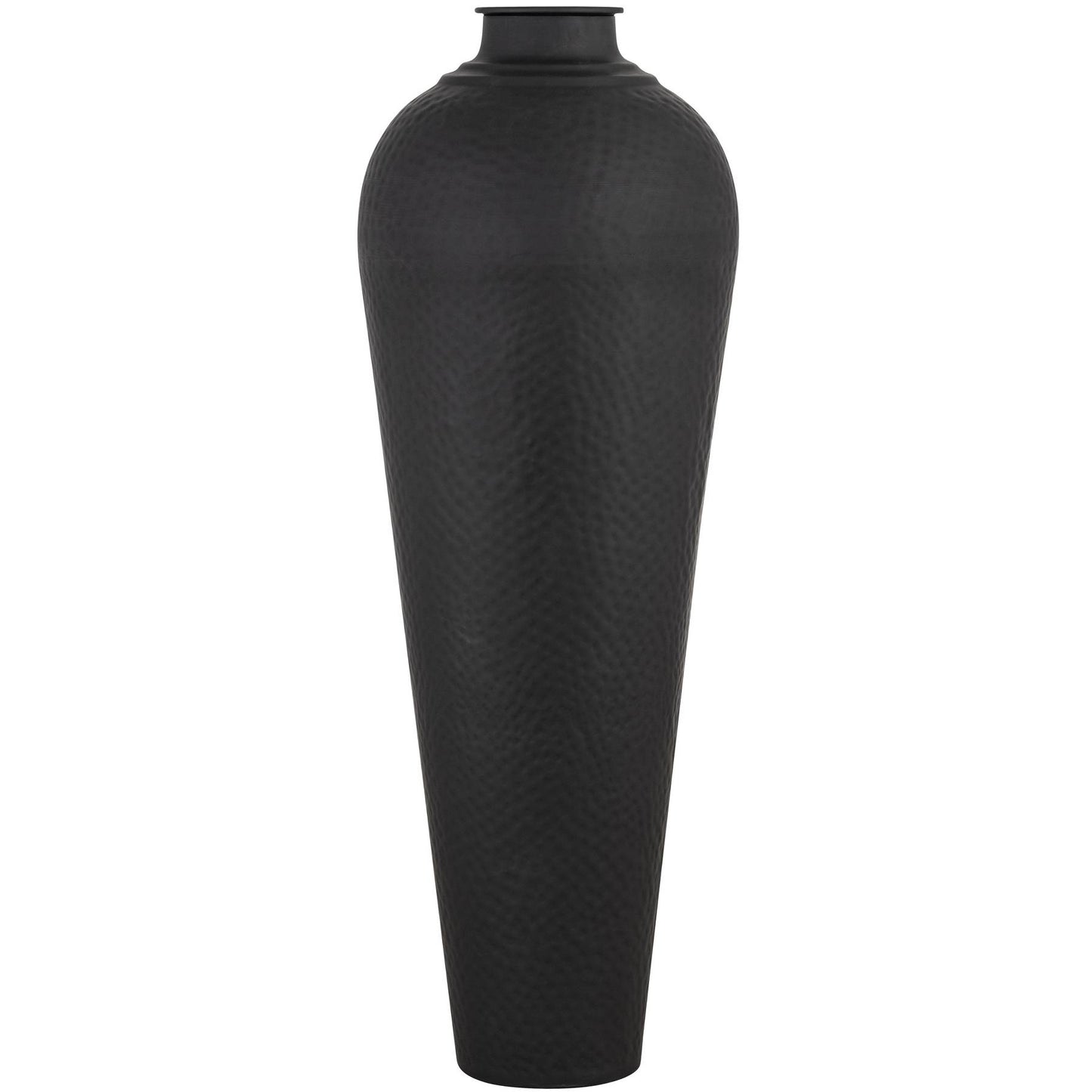 Large matte black hammered vase with lid, featuring an elegant, tapered silhouette and a textured finish, ideal for décor.
