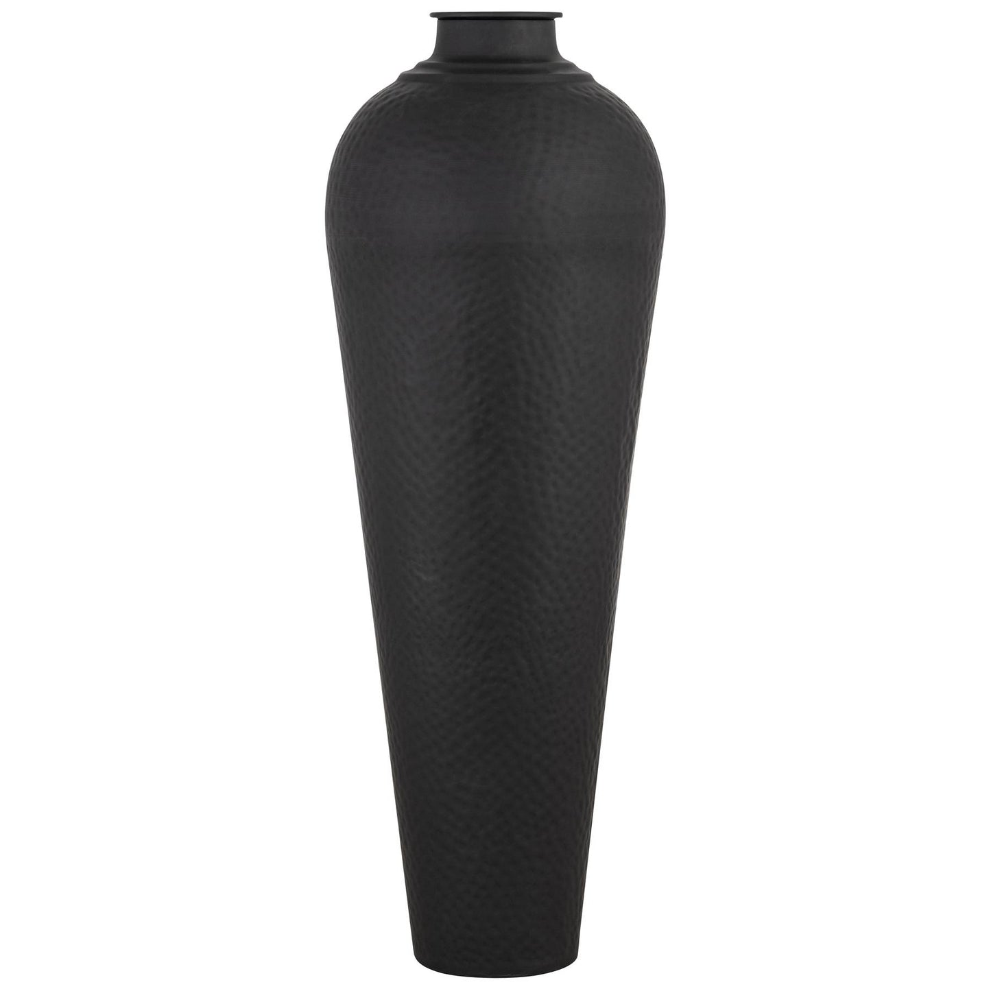 Large matte black hammered vase with lid, featuring intricate texture for visual interest, perfect for floral arrangements.