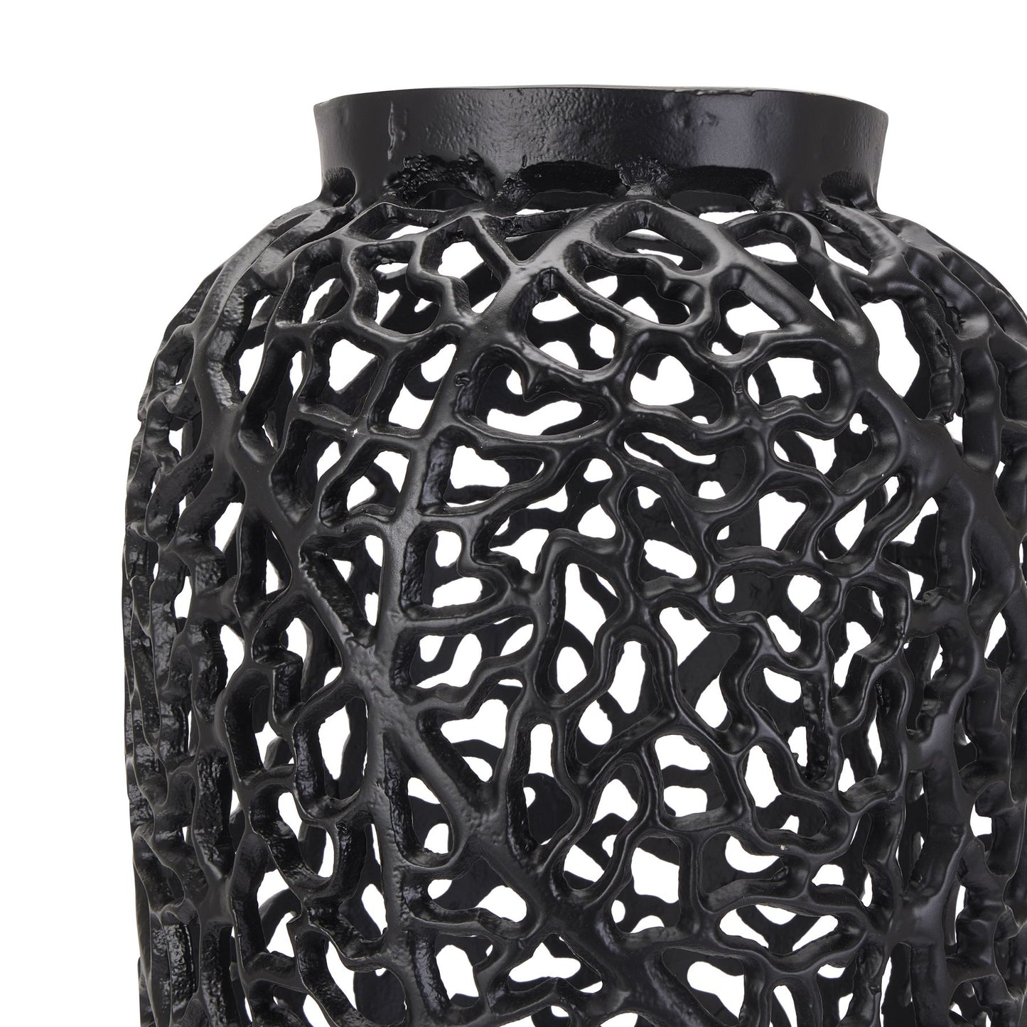 Matte black lattice vase features intricate geometric perforations, serving as a bold, artistic centerpiece for modern decor.