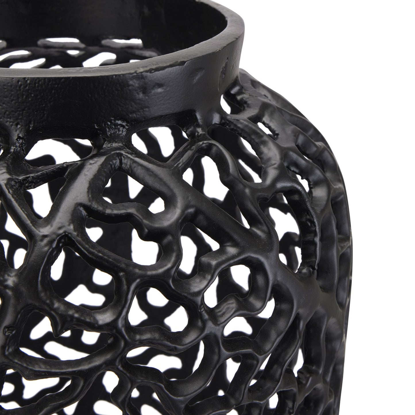 Matte black lattice vase showcasing intricate, geometric patterns that create dynamic shadow effects, ideal for modern decor.