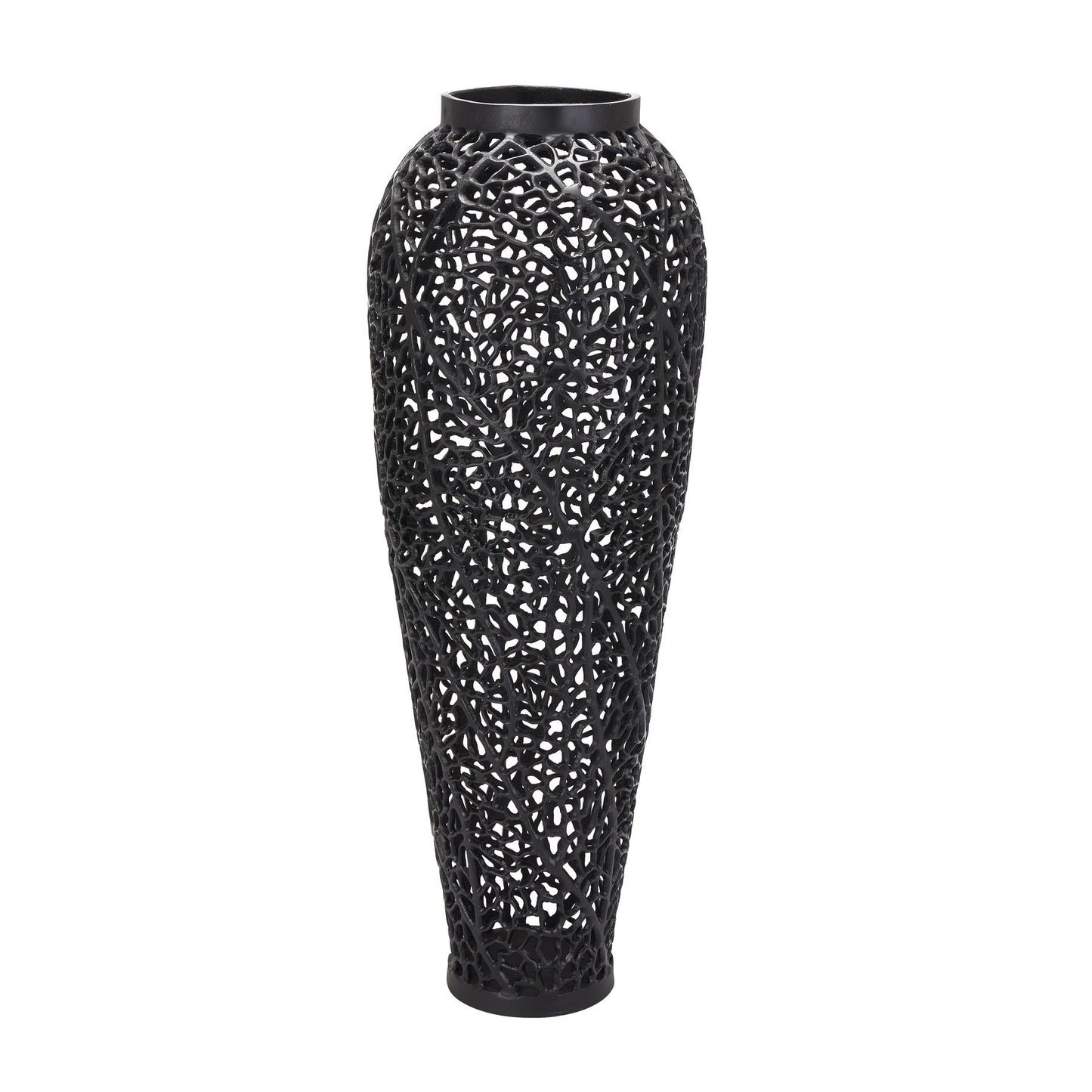 Tall, black lattice vase with intricate geometric perforations, offering a modern and sophisticated accent for any decor.