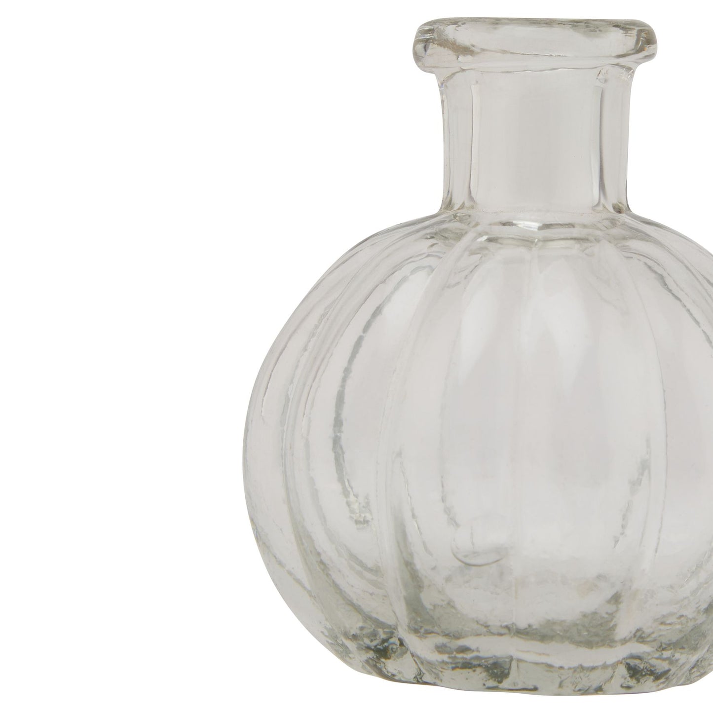 Clear glass vase with a rounded, ribbed design, ideal for single stems or small bouquets, enhancing modern decor.