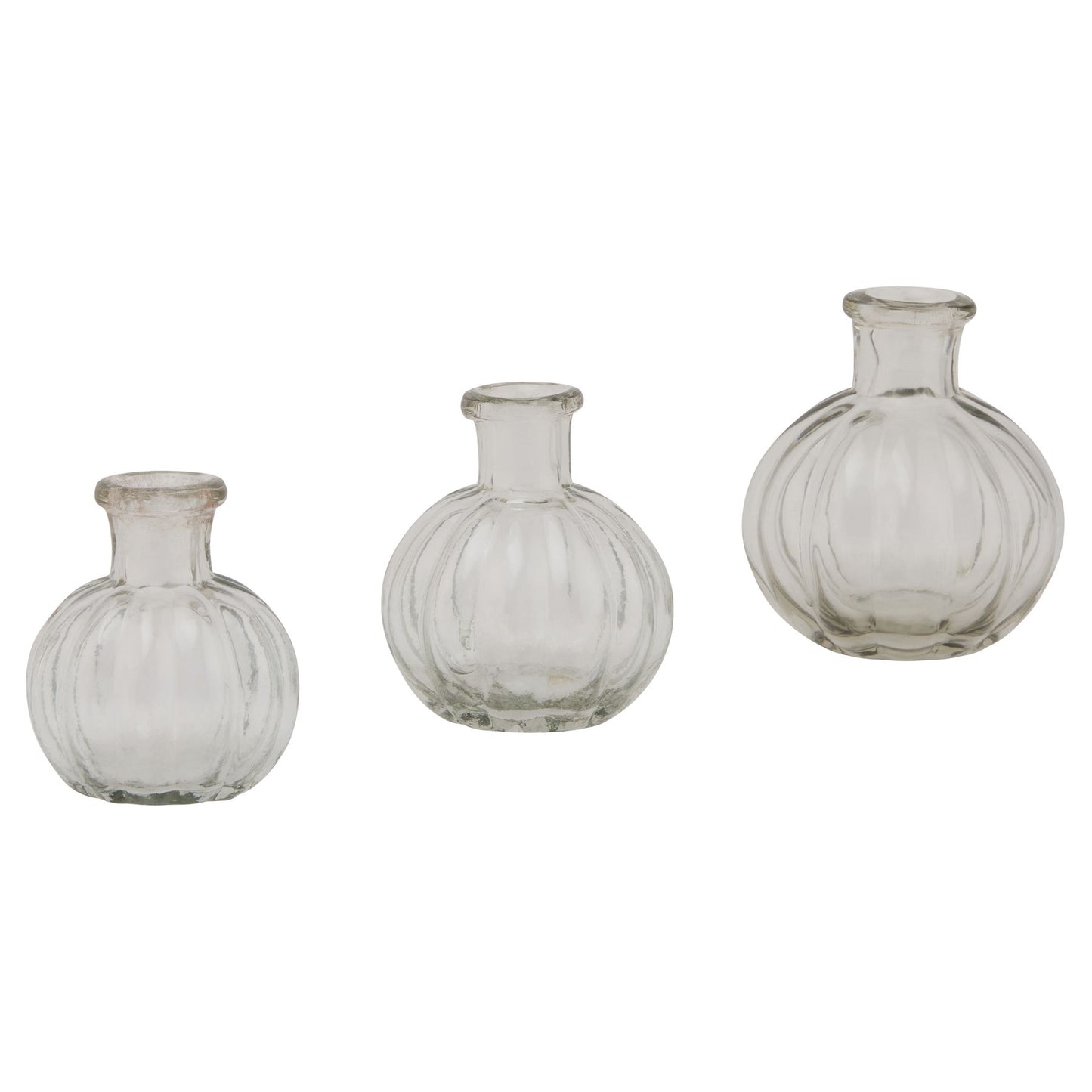 Three clear glass bud vases with elegant, rounded forms and subtle vertical ribbing, perfect for small bouquets.