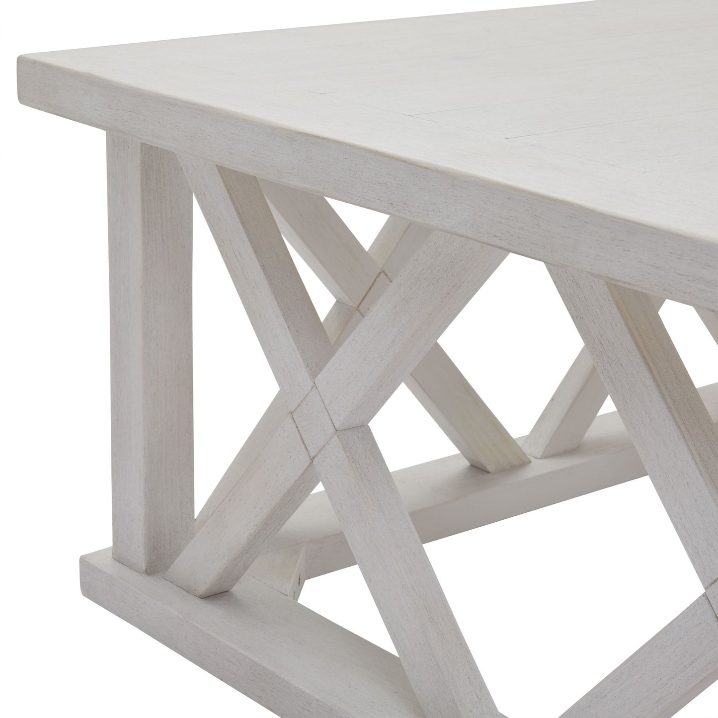 Square coffee table in white weathered pine, featuring a distinctive lattice design for modern rustic charm.
