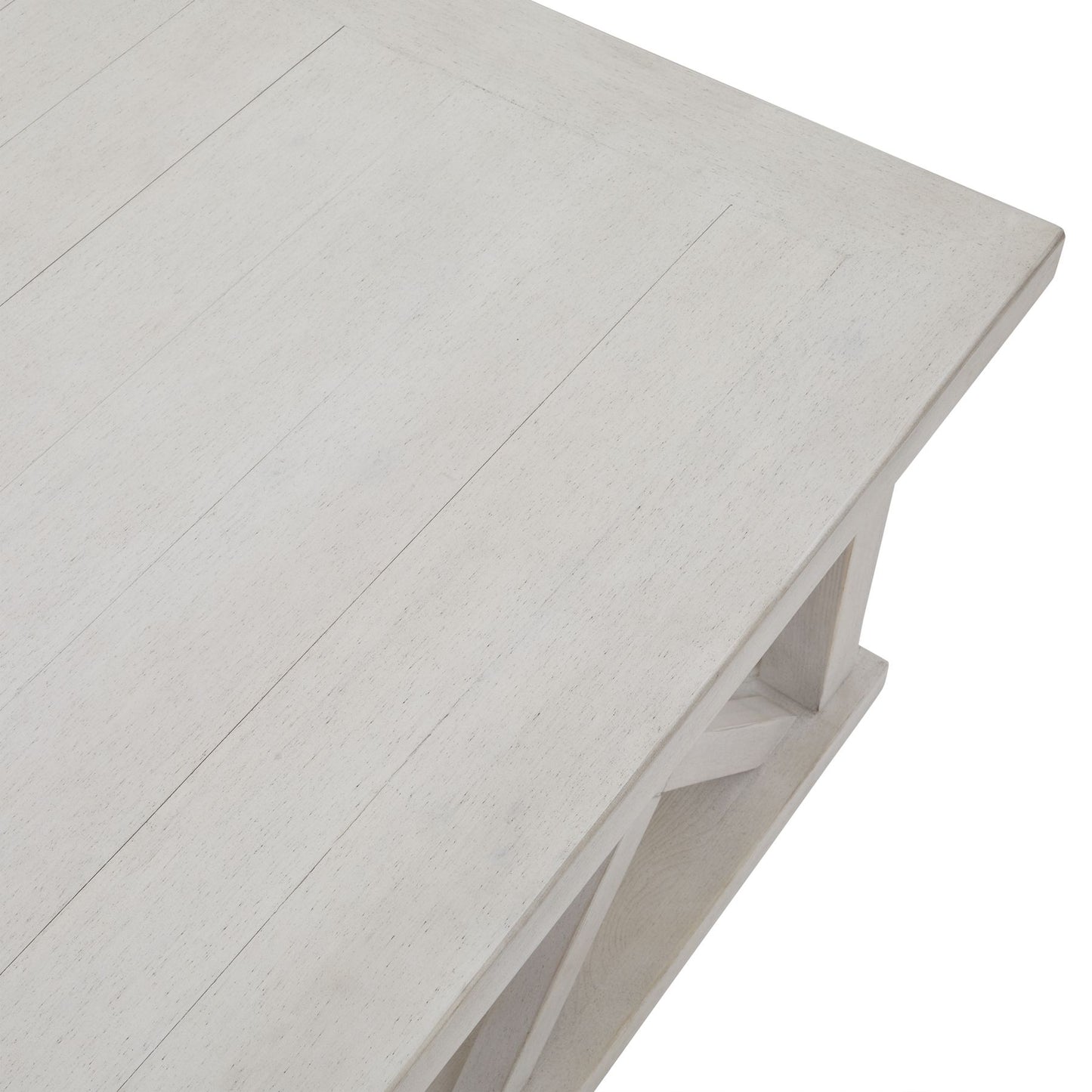 Square coffee table in weathered white pine, featuring a unique lattice design and a rustic yet modern aesthetic.