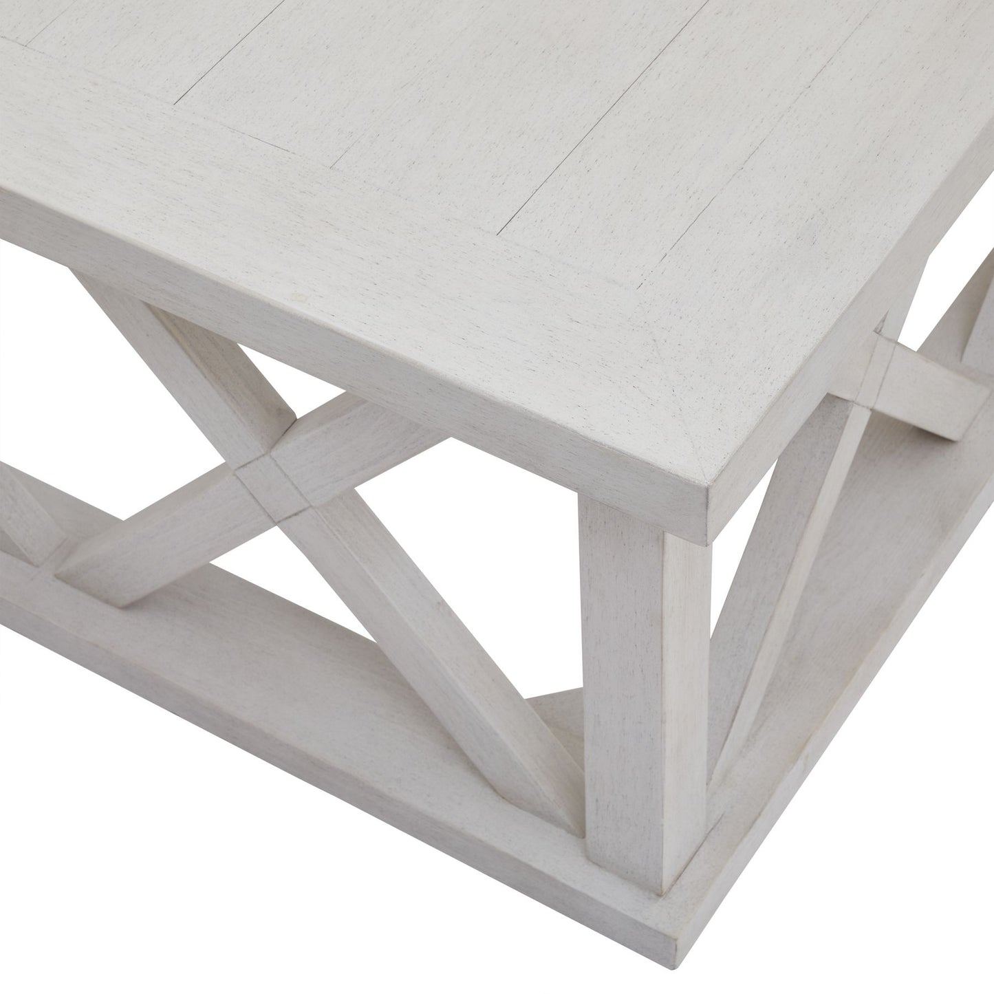 Square coffee table in weathered white pine, featuring a distinctive lattice design and smooth wooden surface, blending rustic and modern styles.