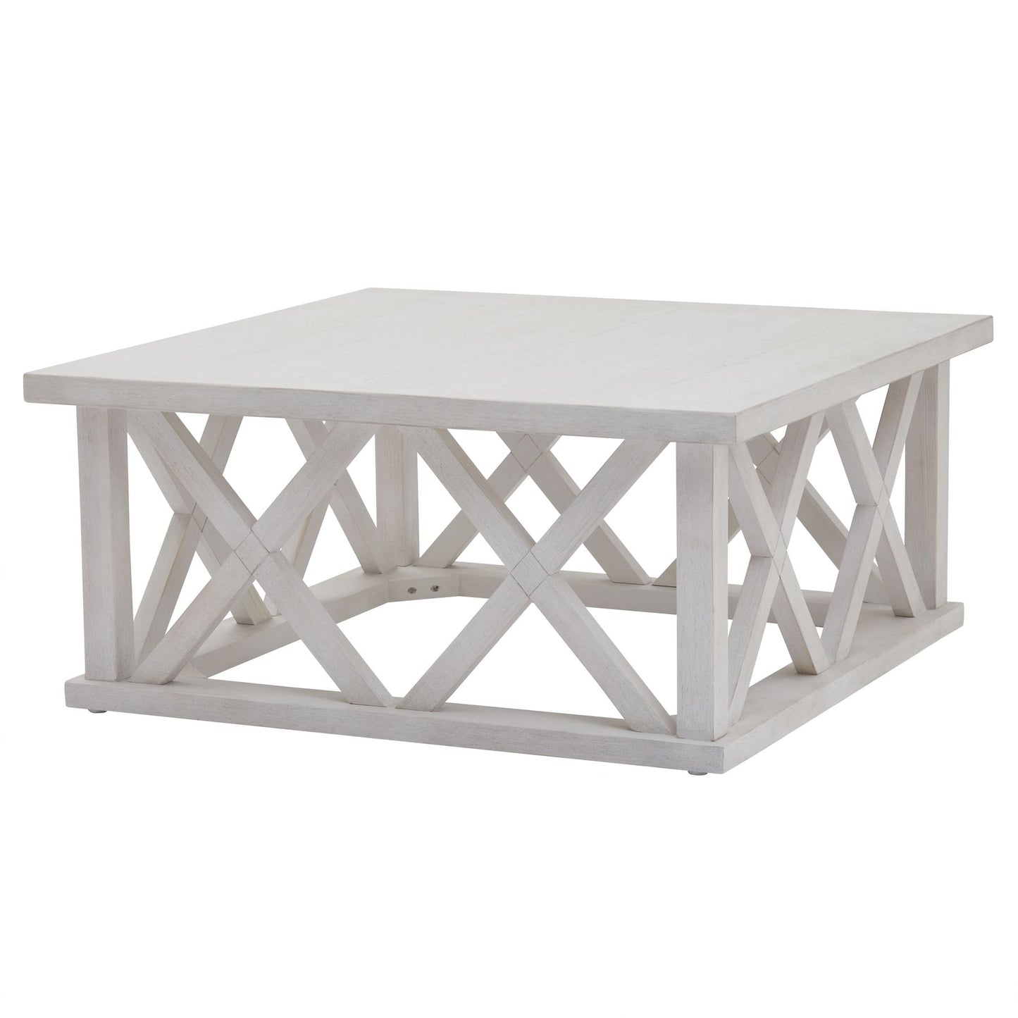Square coffee table in white, featuring a unique lattice design and weathered pine construction for a rustic yet modern look.