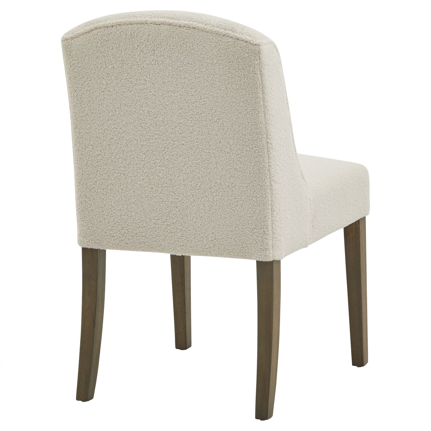 Cream boucle upholstered dining chair with a curved back and sturdy rubberwood legs, exuding modern elegance and comfort.