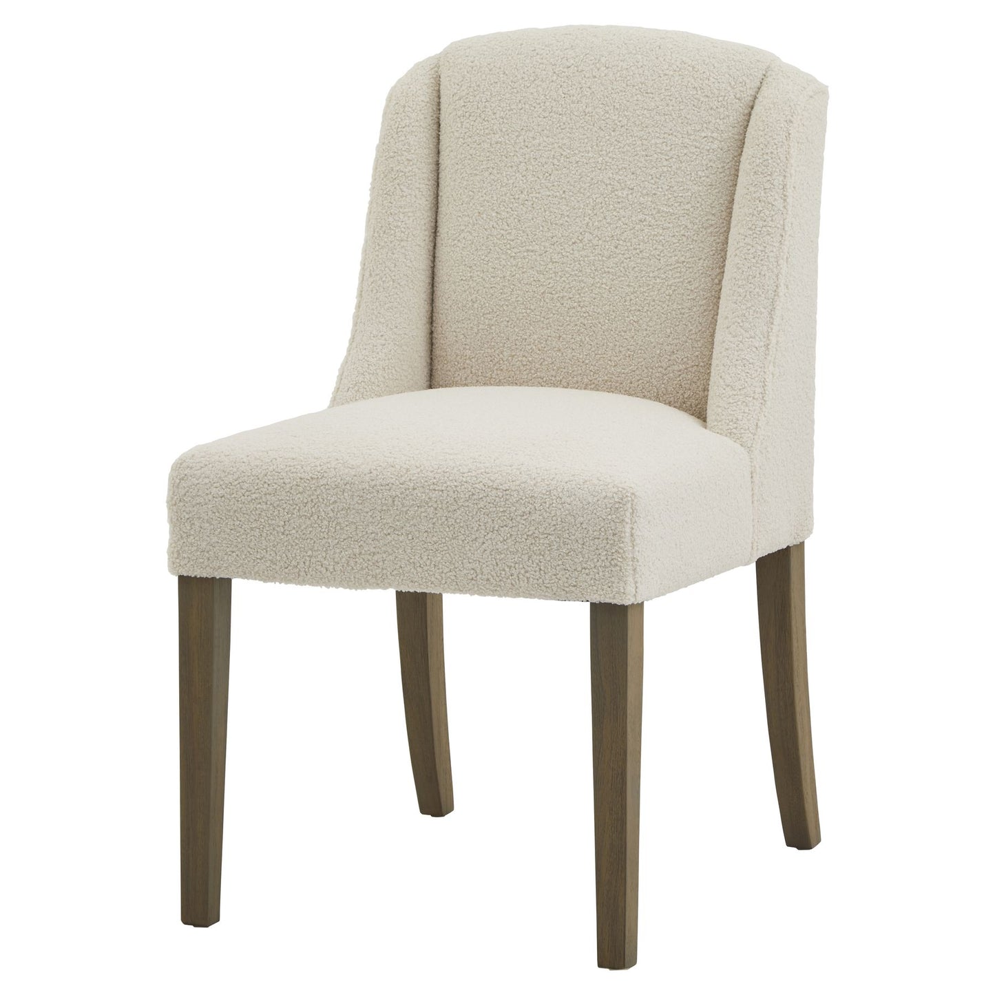 Cream boucle dining chair with a sleek design and durable rubberwood frame, combining elegance and comfort for any dining space.
