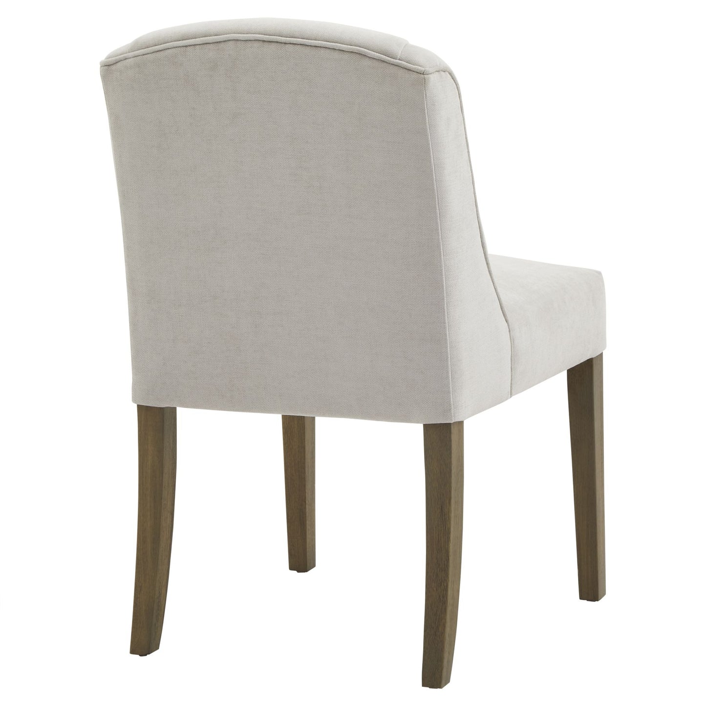 Light grey upholstered dining chair with a curved back and rubberwood legs, combining elegance and modern craftsmanship.