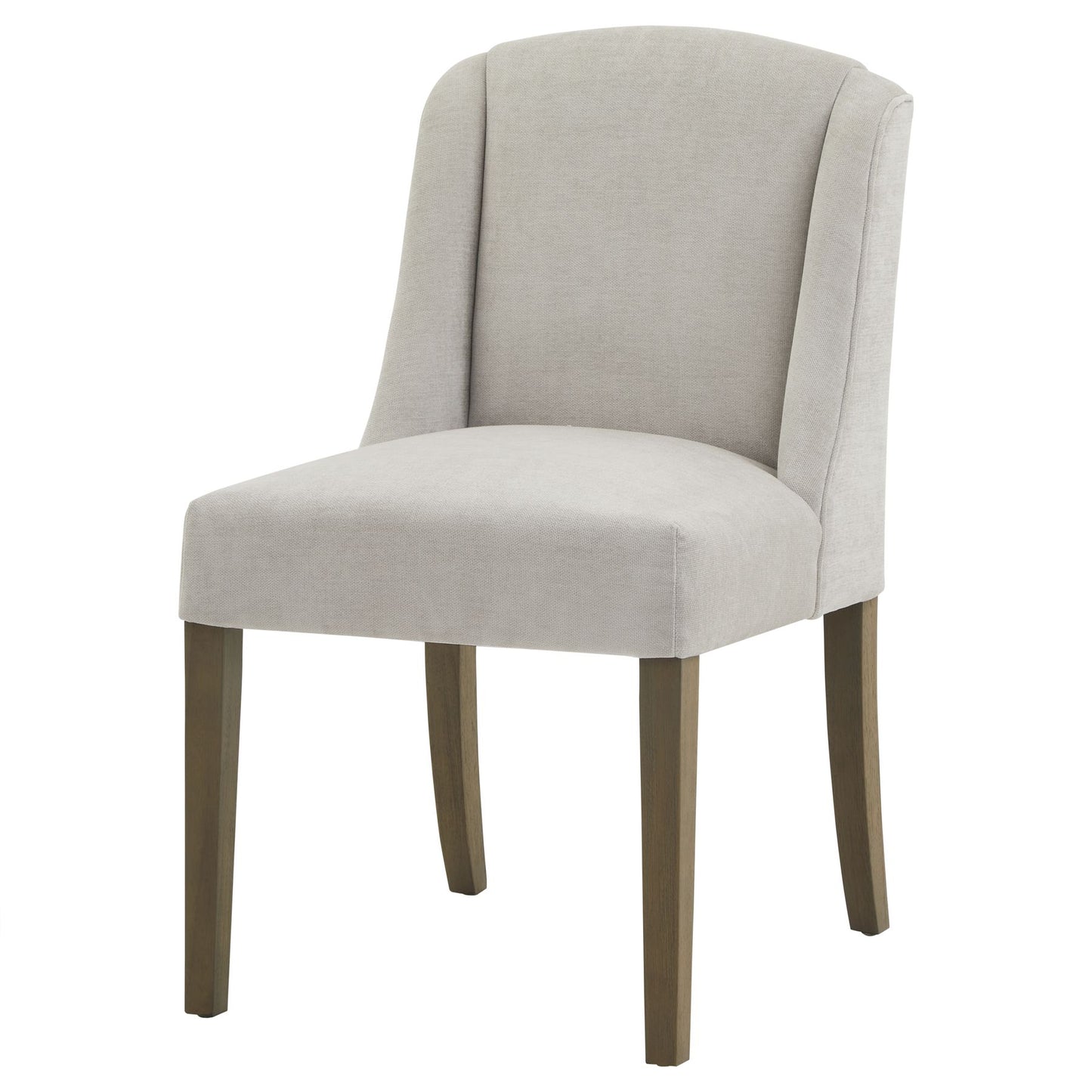 Light grey upholstered dining chair with a gently curved backrest and sturdy rubberwood legs, blending elegance and modern style.