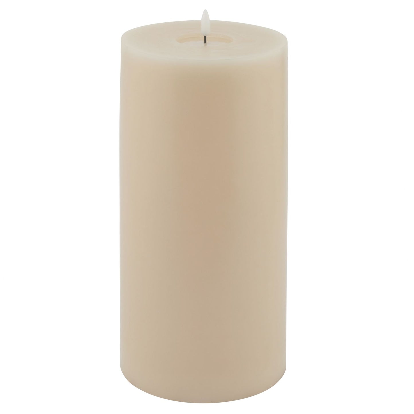 Taupe LED wax candle with a realistic melt effect, featuring a smooth finish and a small flamelike top for safe illumination.