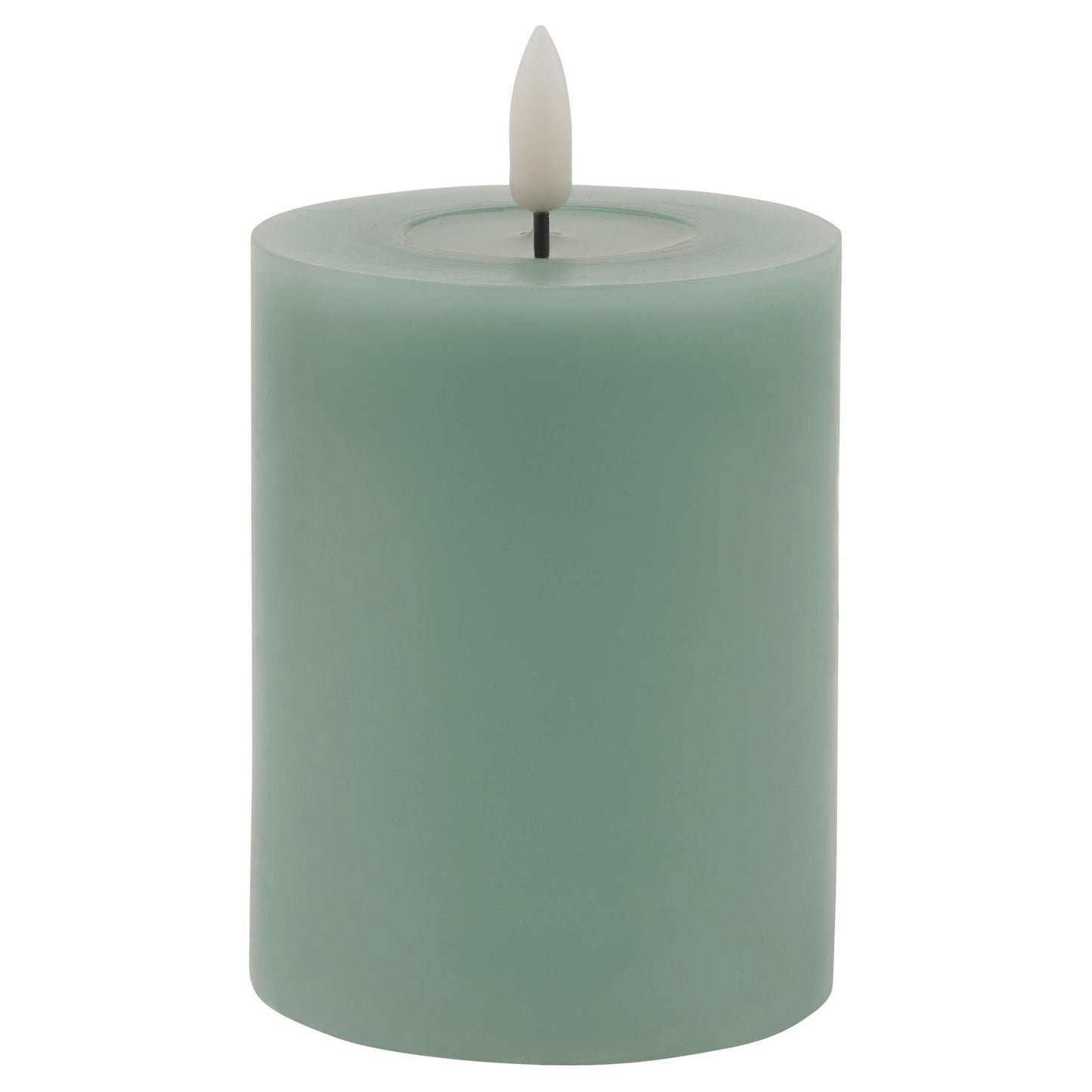 Sage-colored LED wax candle with a realistic melt effect, featuring a soft flame tip for a serene, elegant ambiance.