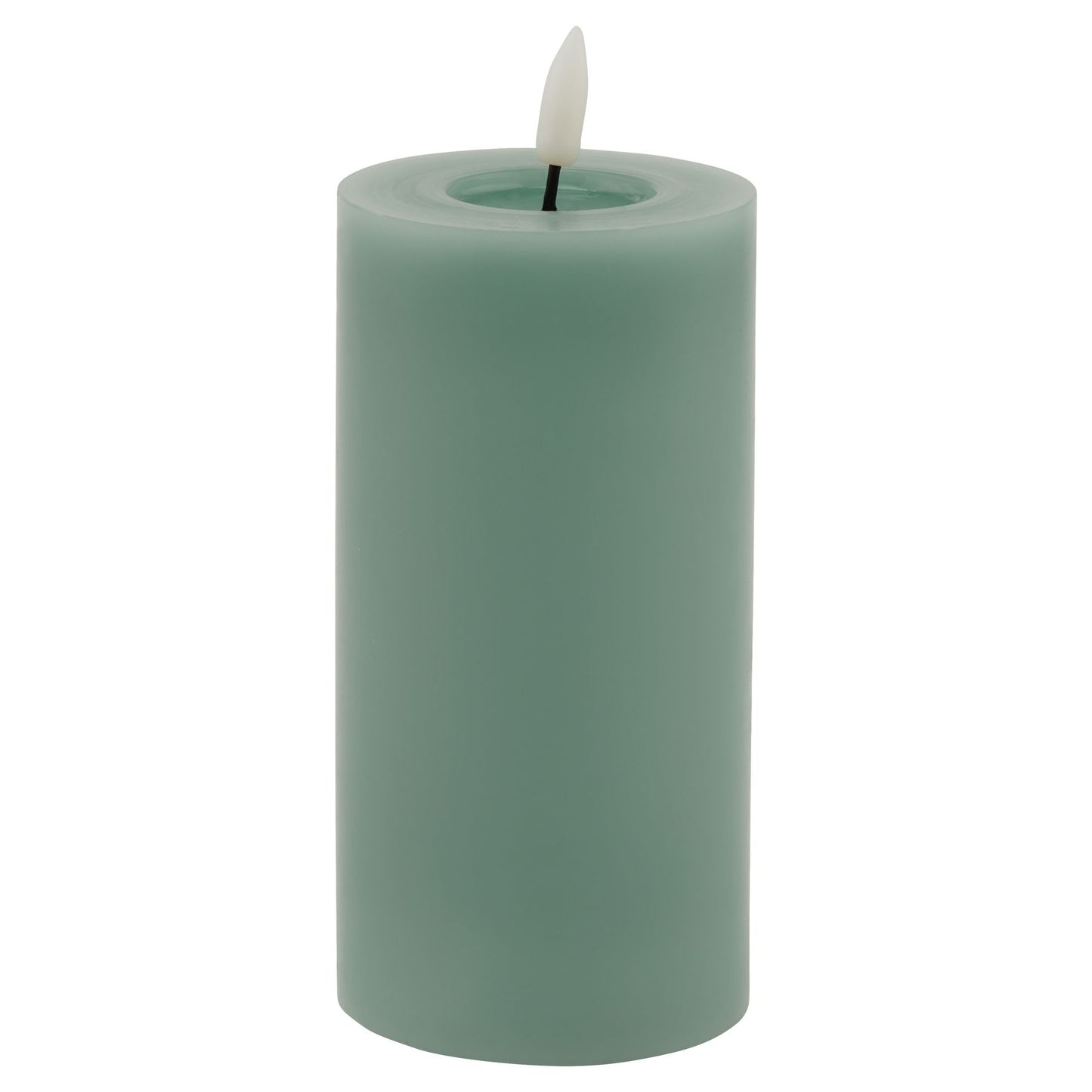 Sage green LED wax candle with realistic melt-effect design, featuring a flickering flame for a warm, calming ambiance.