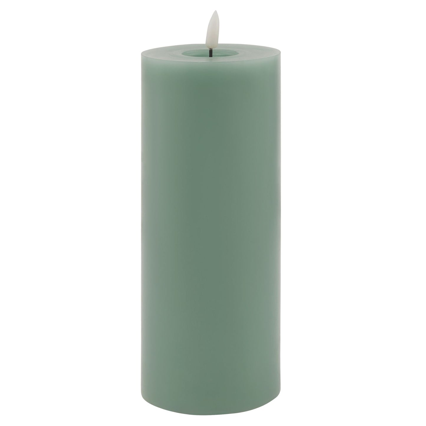 Sage-colored LED wax candle with a realistic melting effect, designed for elegant, flameless illumination in any setting.