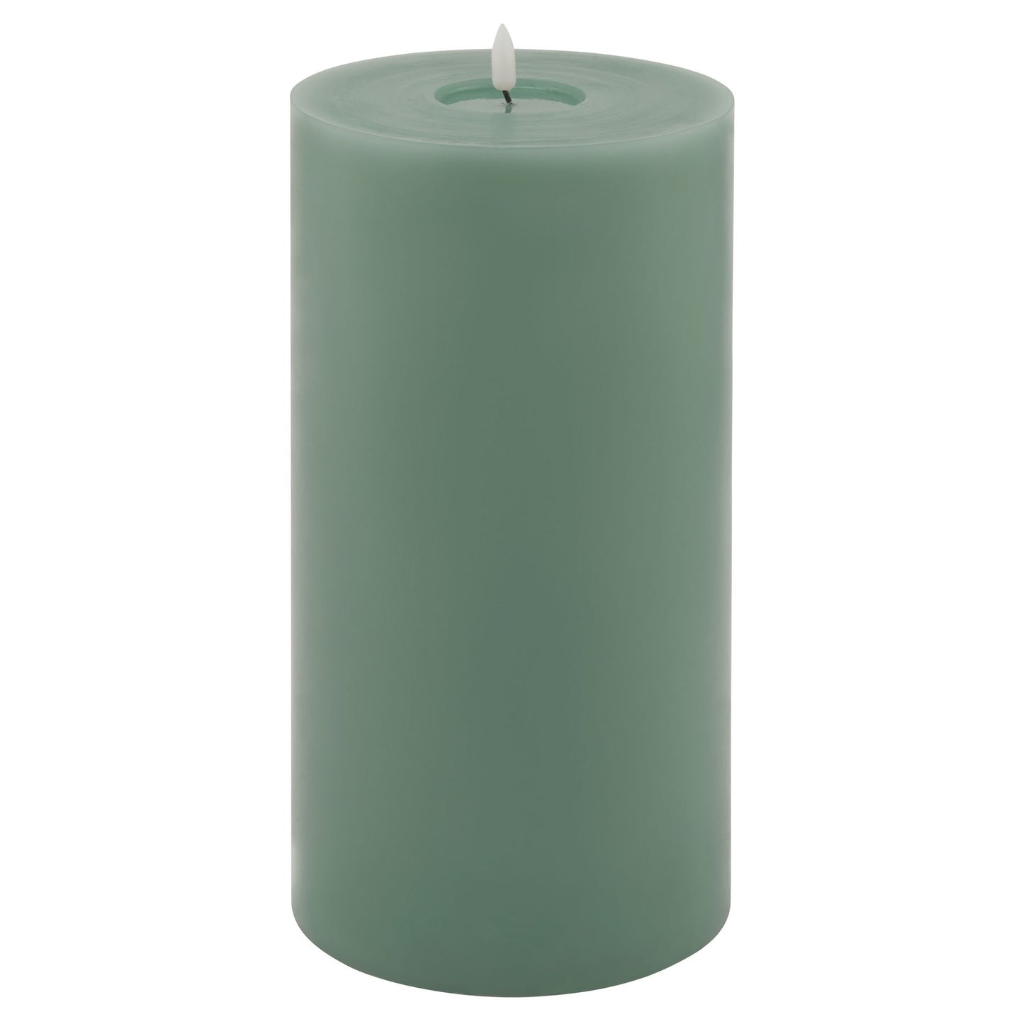 Sage-colored LED wax candle with a smooth surface and realistic organic drip design, ideal for creating a warm ambiance.