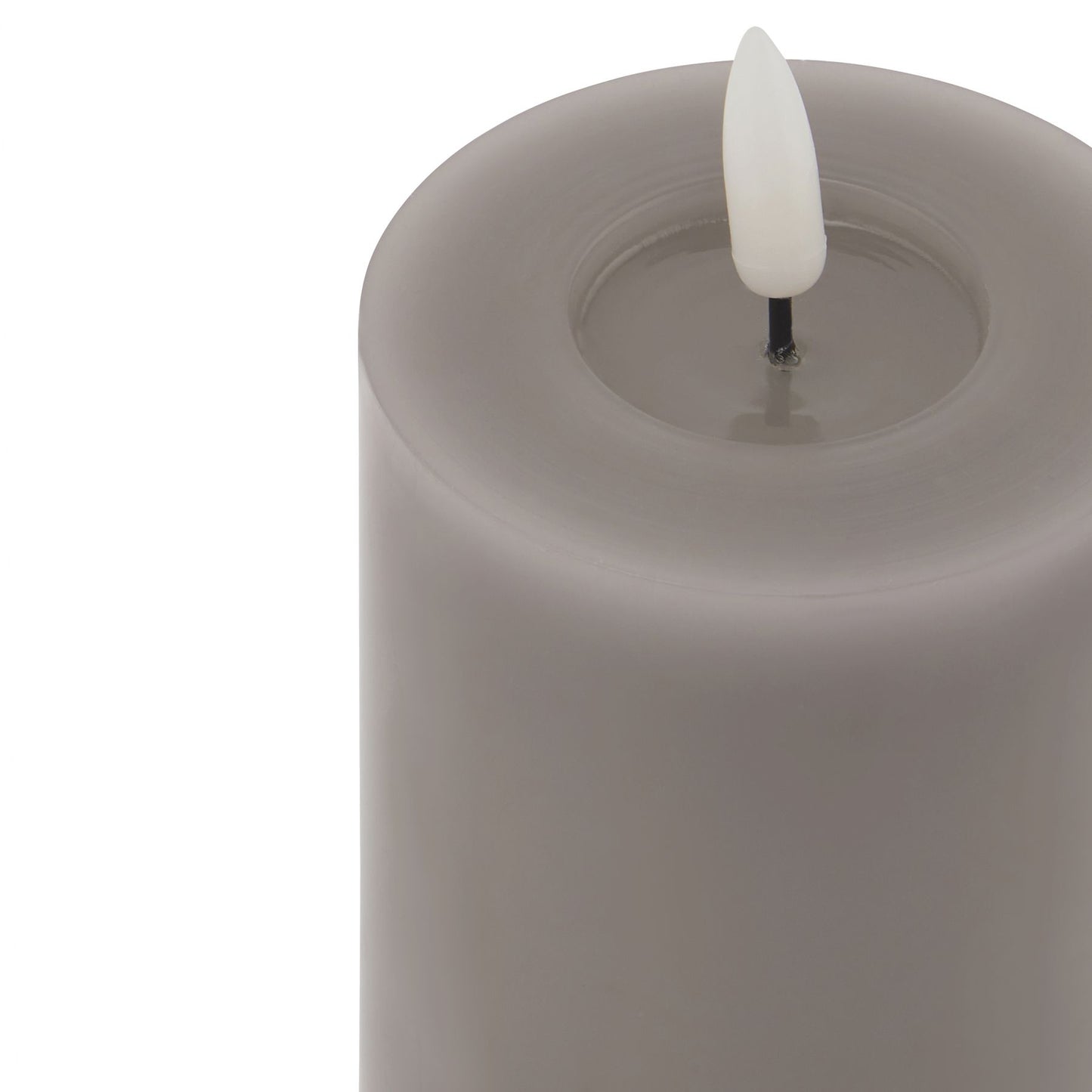 Grey LED wax candle with a realistic melt-effect design, featuring a flickering flame, perfect for elegant, safe ambiance.