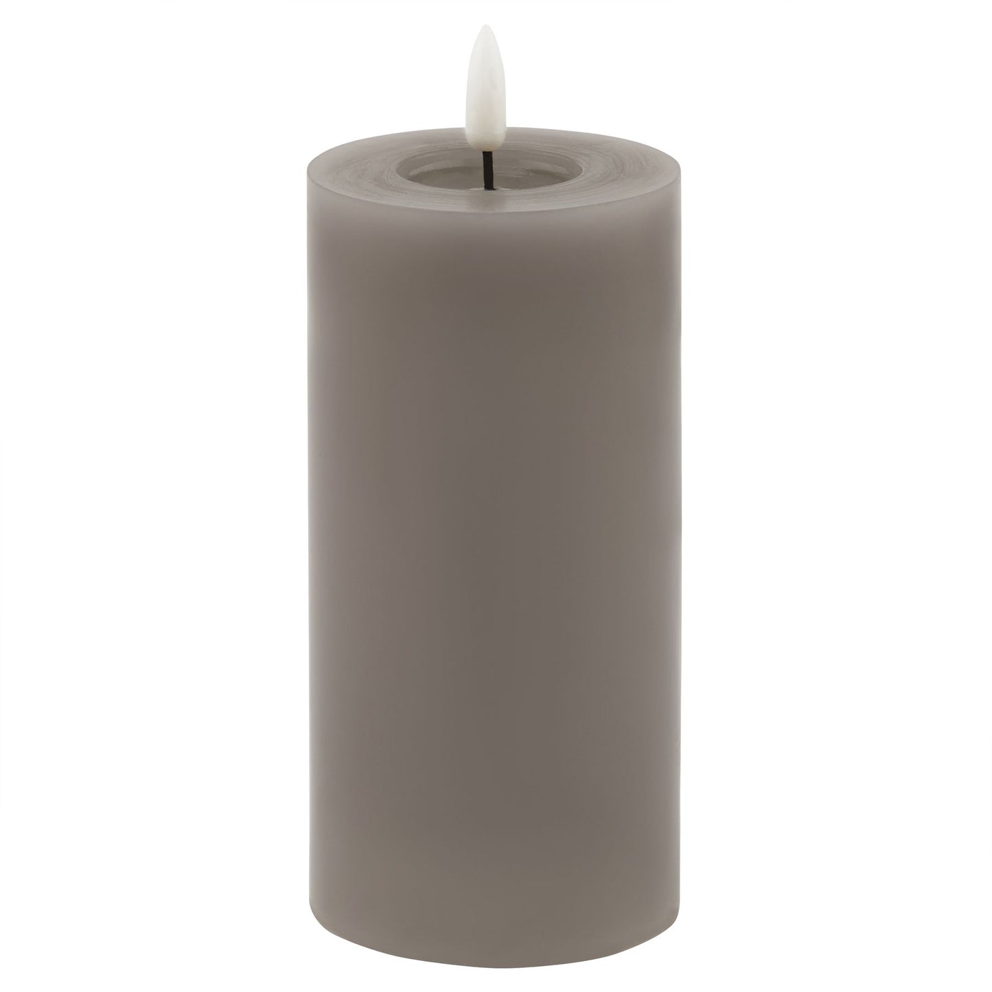 Contemporary grey LED wax candle with a realistic melting effect, offering a safe, ambient glow for elegant decor.