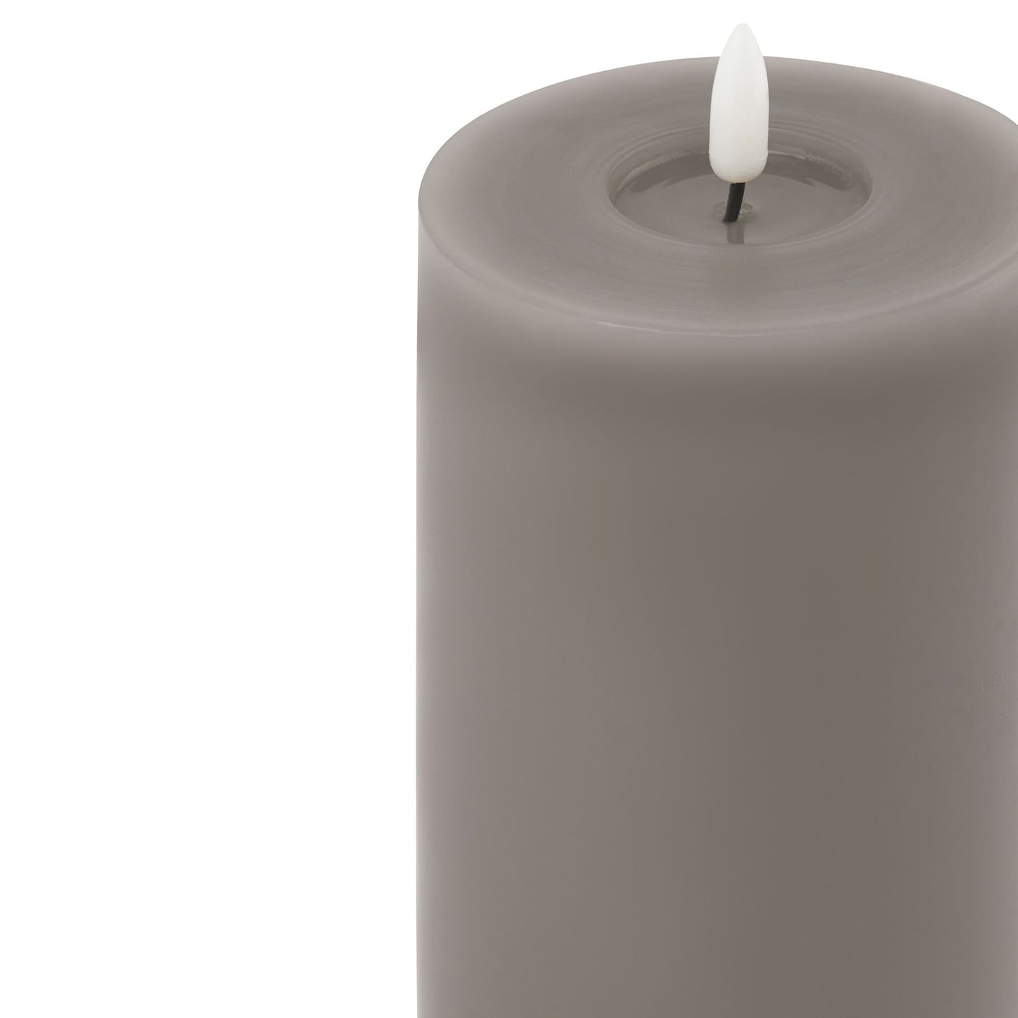 Grey LED wax candle with a realistic melt-effect design and flickering flame, offering modern elegance and ambiance.