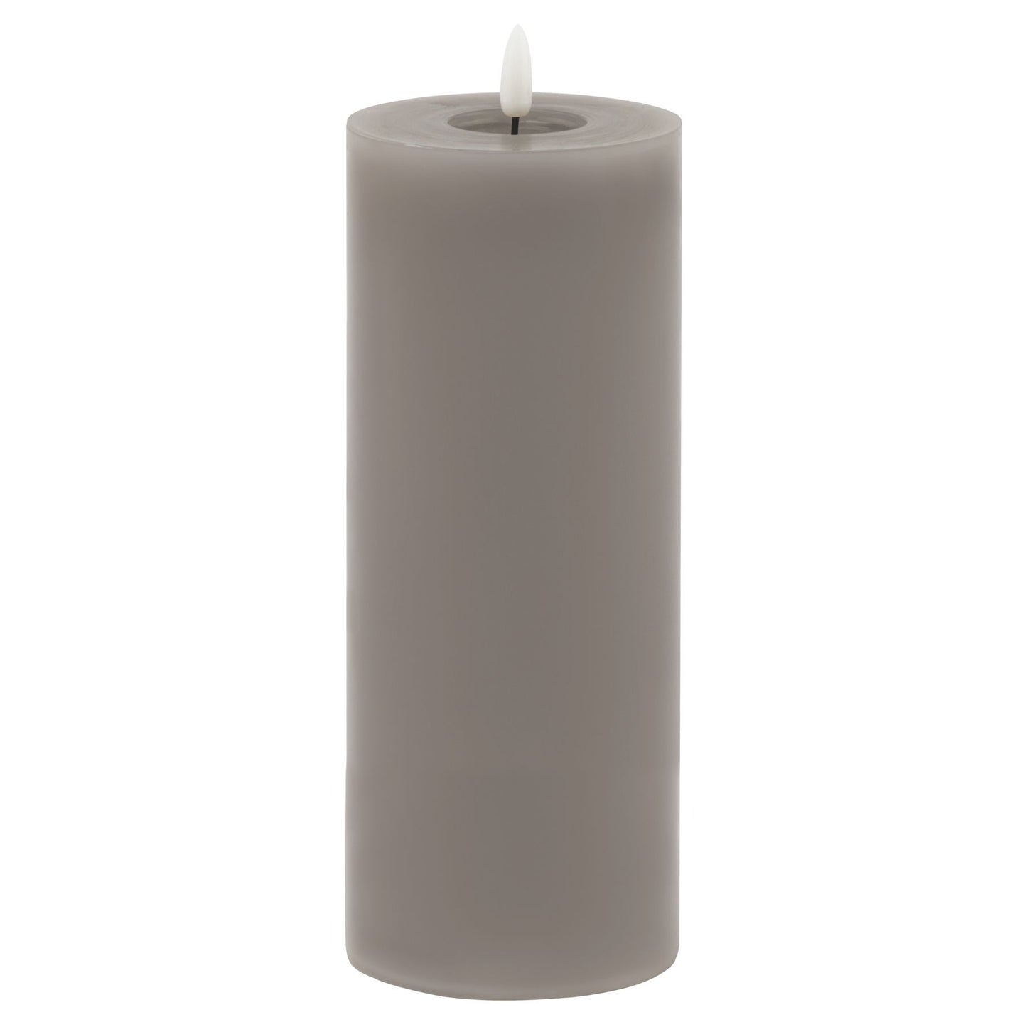 Grey LED wax candle with a realistic melt-effect design and a flickering flame, adding elegance to any decor.