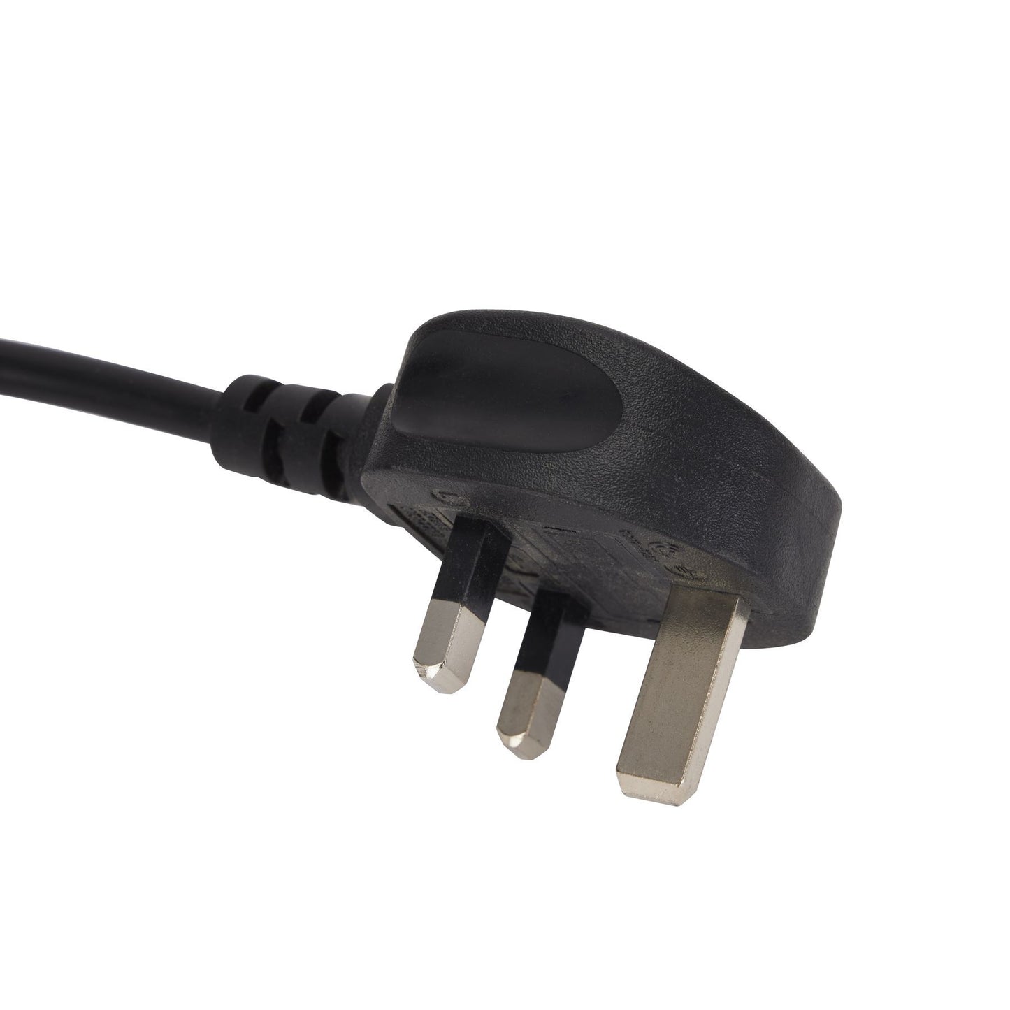 Black plug with three prongs connected to a cable, showcasing a sleek design ideal for electrical use.